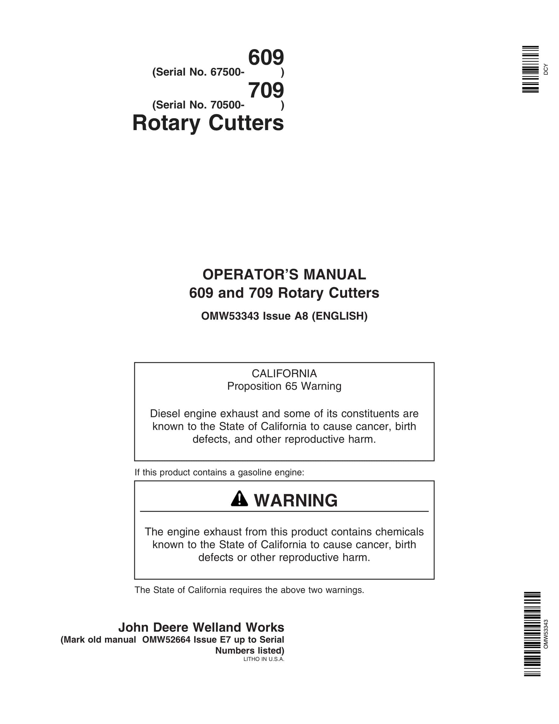John Deere 609 709 Rotary Cutter Operator Manual OMW53343-1