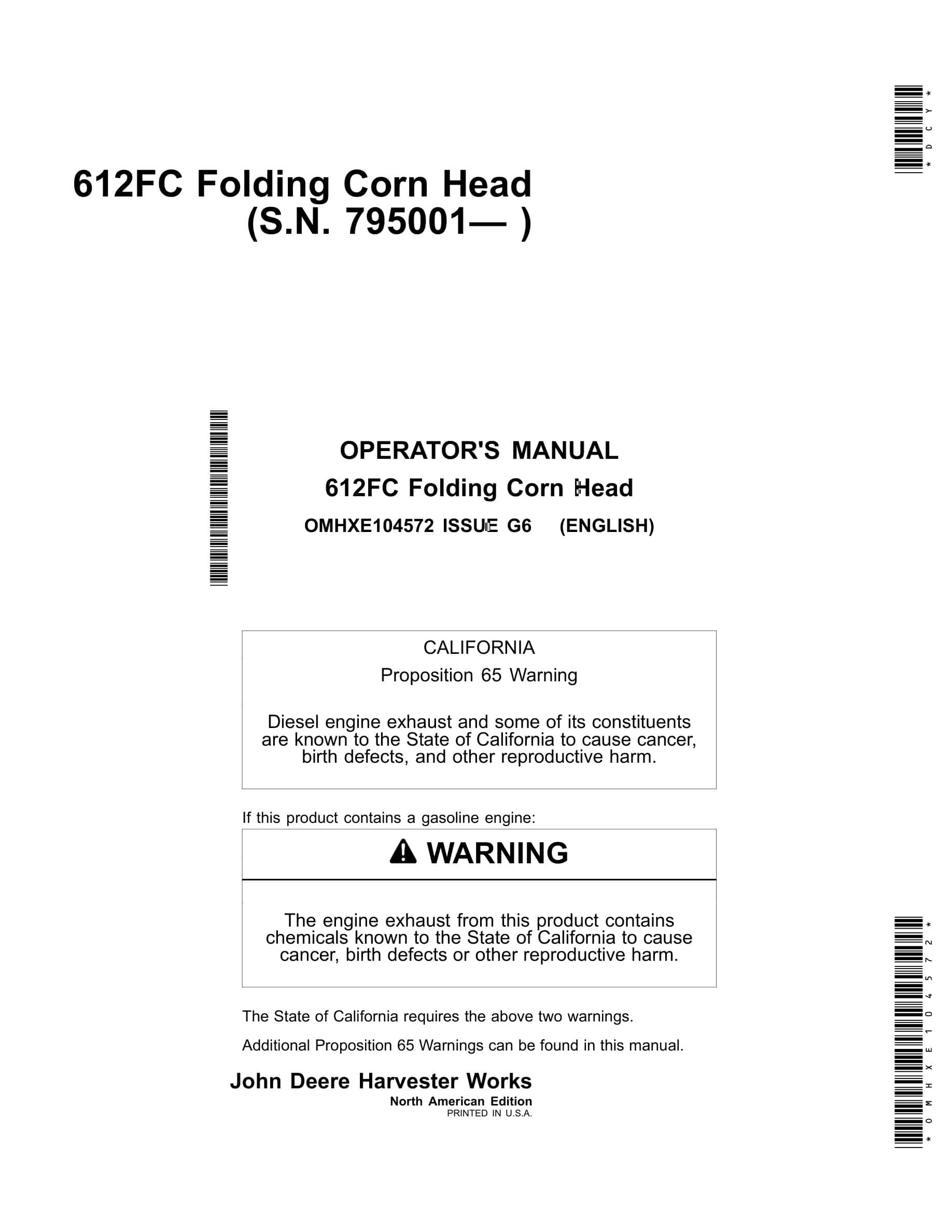John Deere 612FC Folding Corn Head Operator Manual OMHXE104572-1