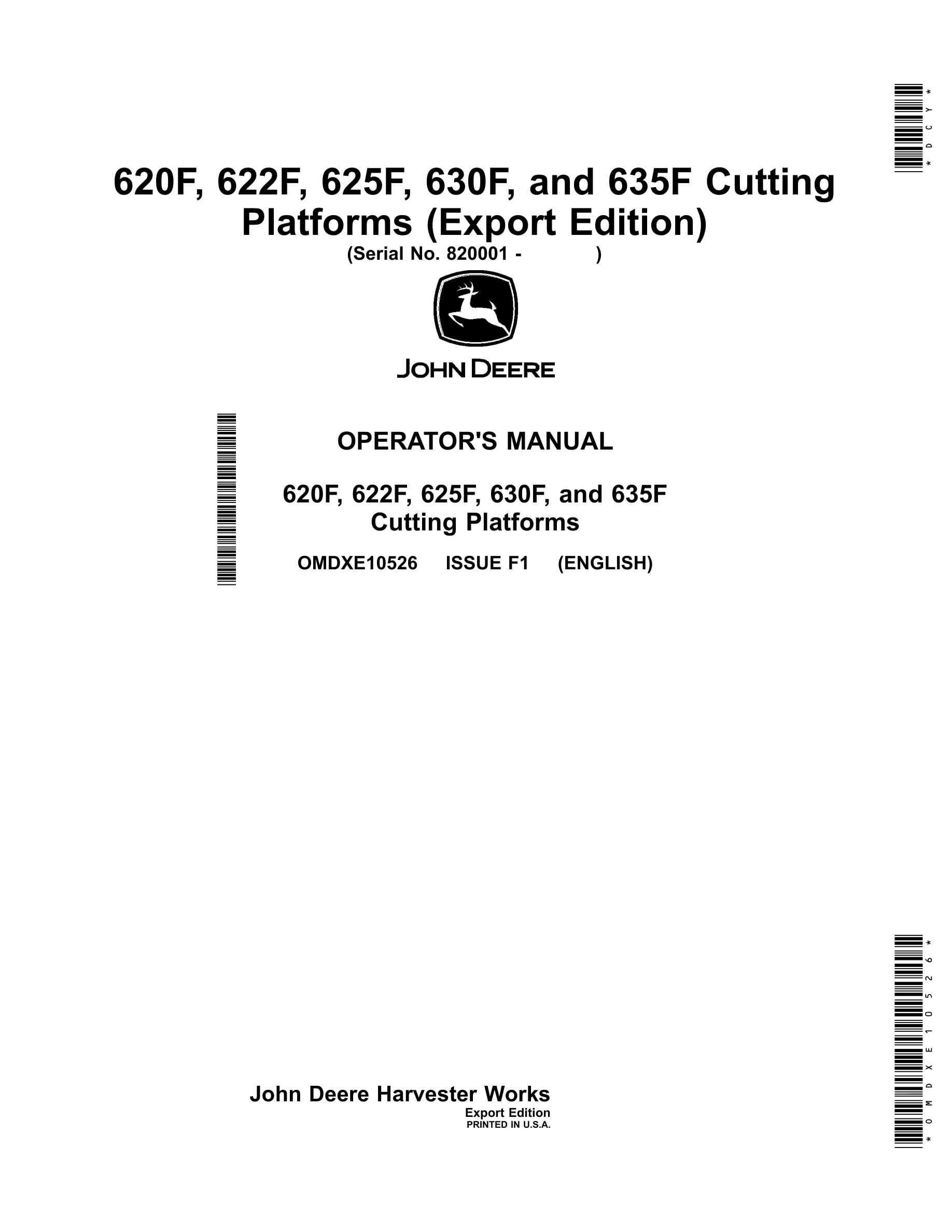John Deere 620F, 622F, 625F, 630F, and 635F Cutting Platforms Operator Manual OMDXE10526-1