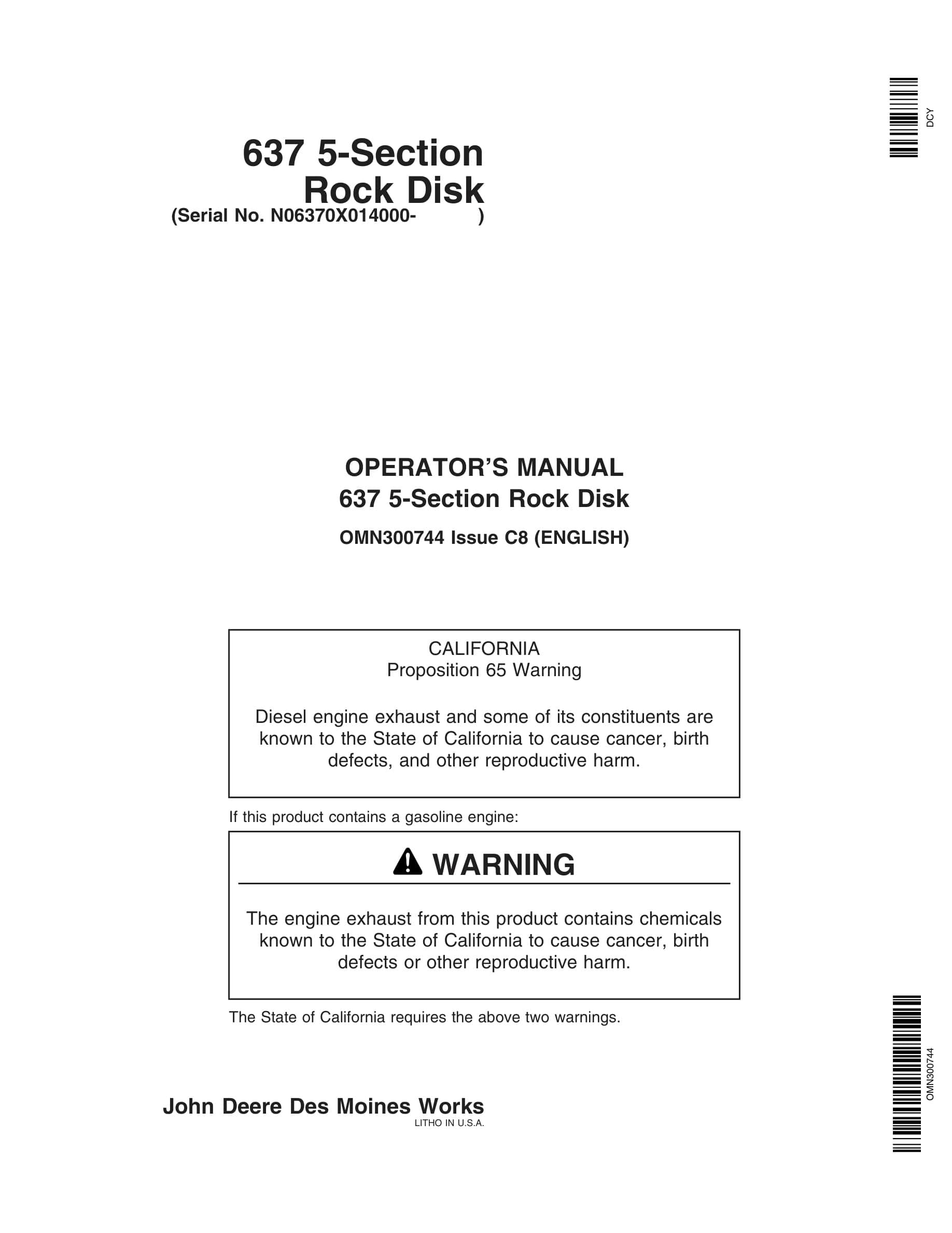 John Deere 637 5-Section Rock Disk Operator Manual OMN300744-1