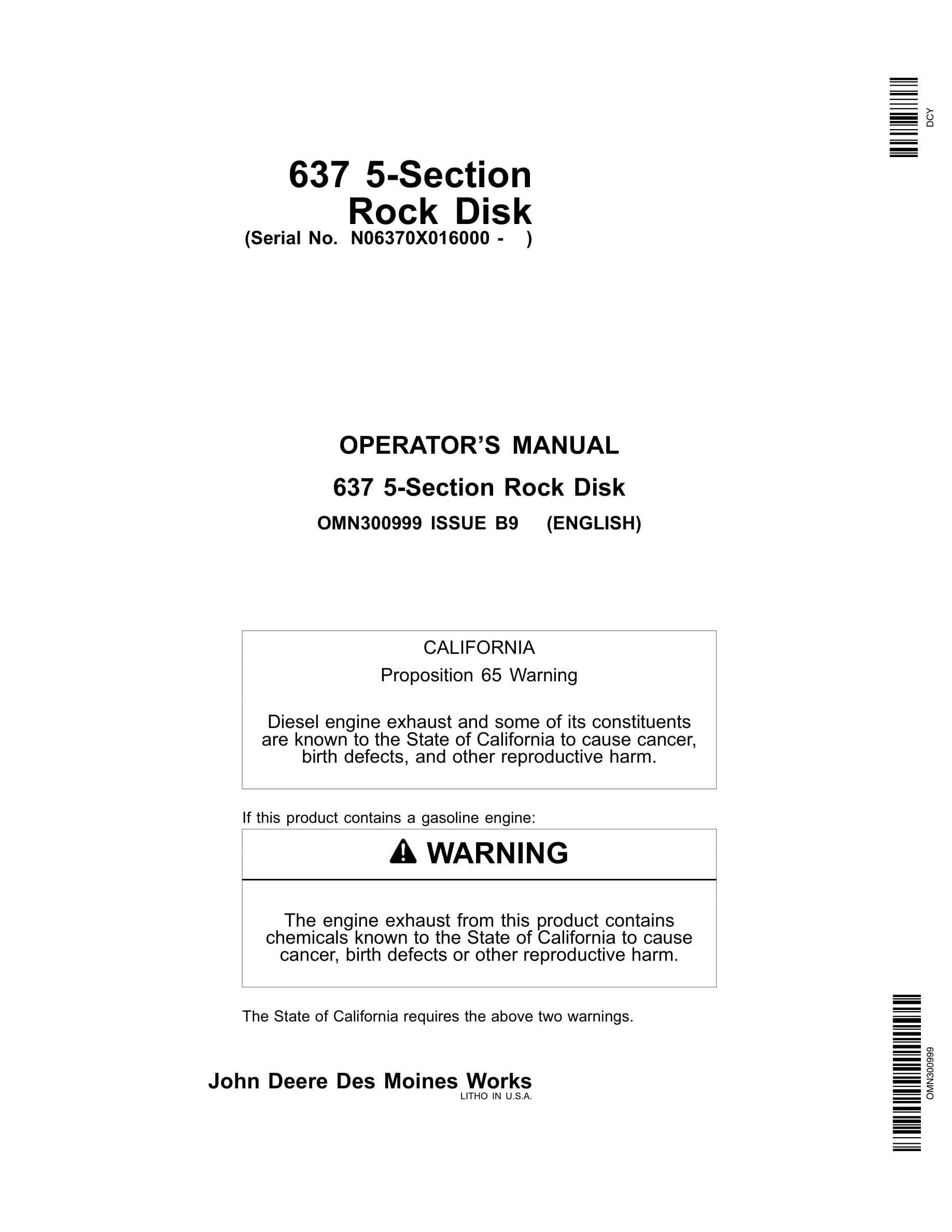 John Deere 637 5-Section Rock Disks Operator Manual OMN300999-1