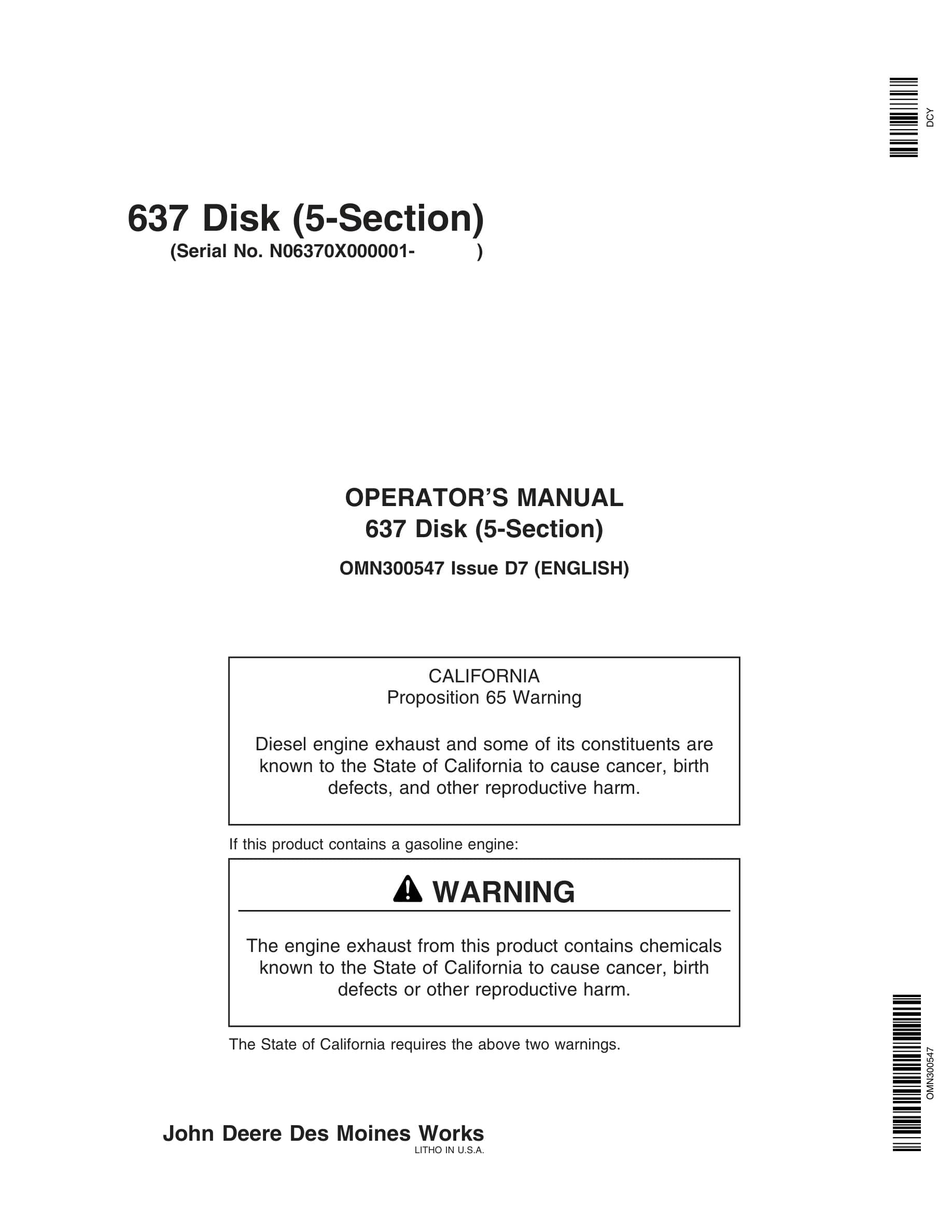 John Deere 637 Disk (5-Section) Operator Manual OMN300547-1