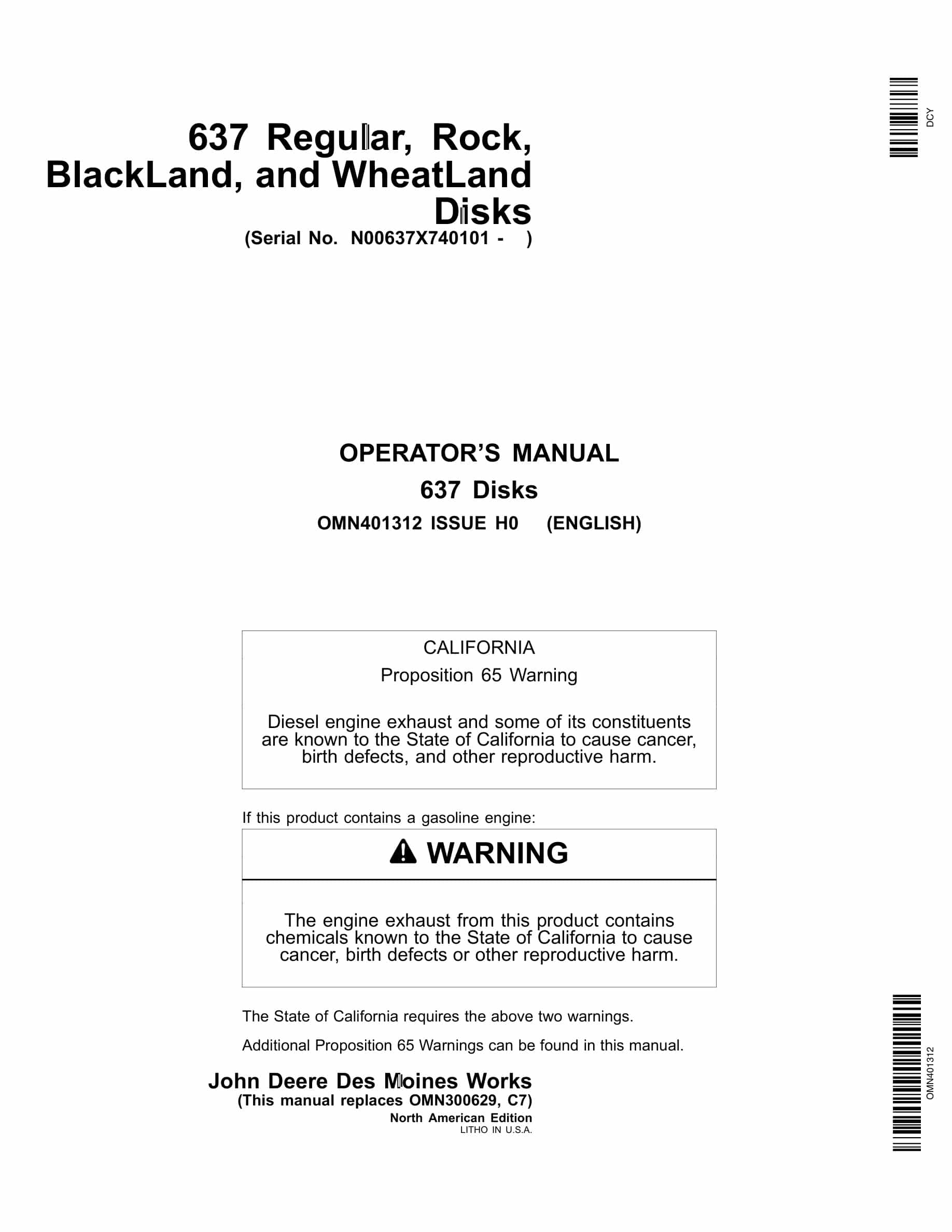 John Deere 637 Disks Operator Manual OMN401312-1