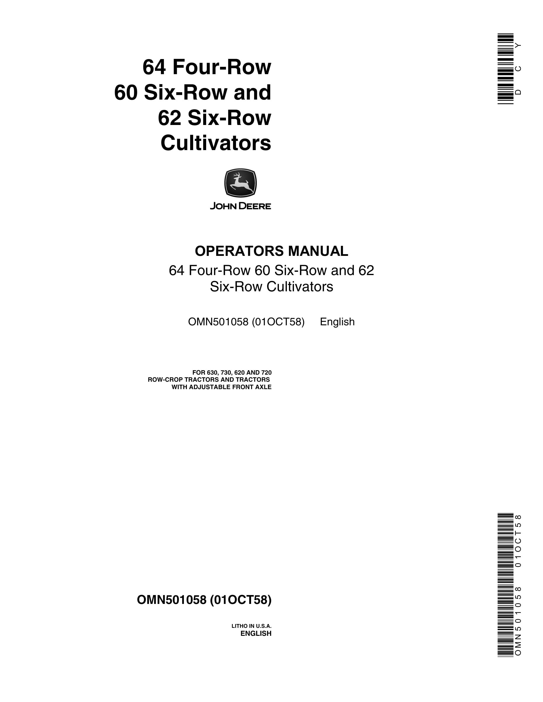 John Deere 64 Four-Row 60 Six-Row and 62 Six-Row CULTIVATOR Operator Manual OMN501058-1