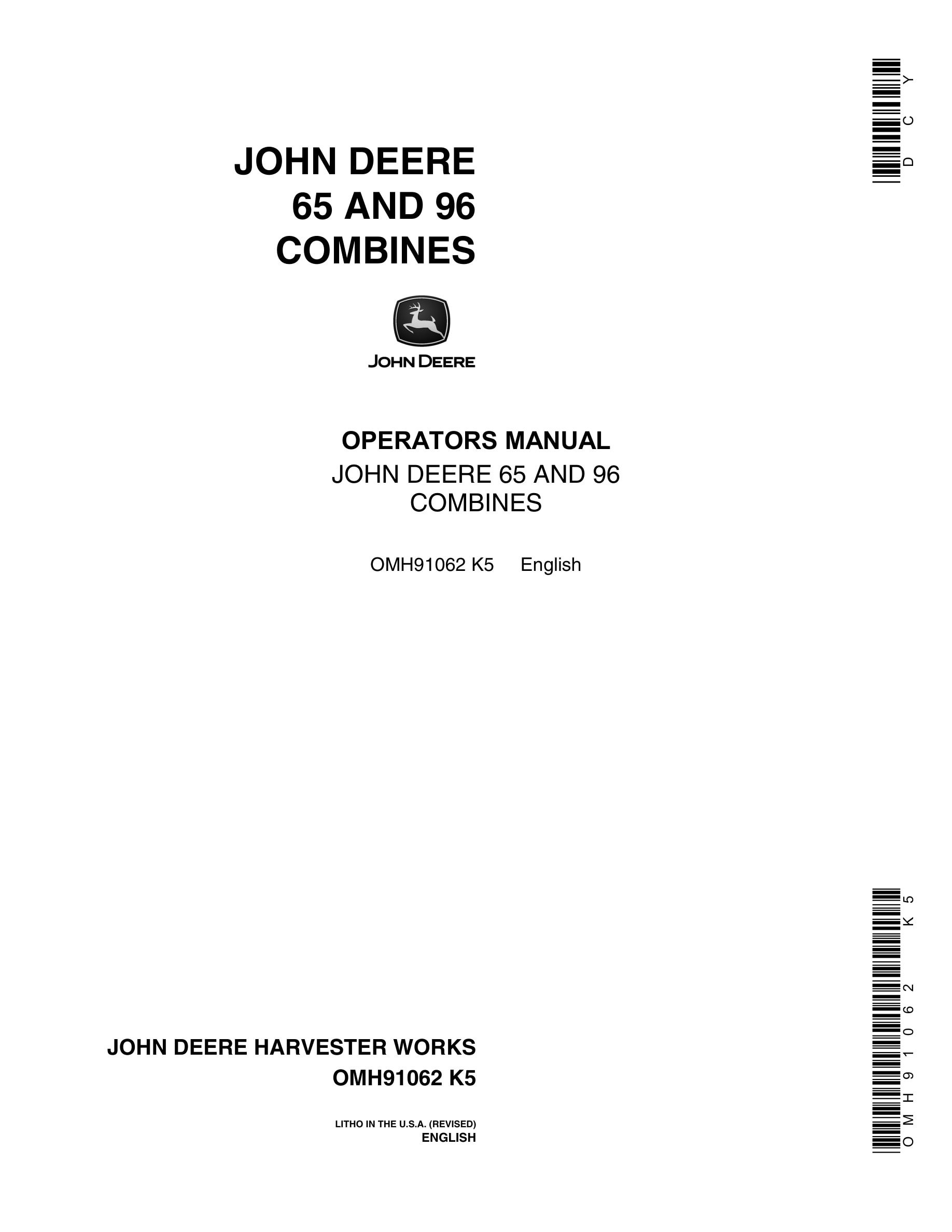 John Deere 65 AND 96 Combine Operator Manual SOMH91062-1