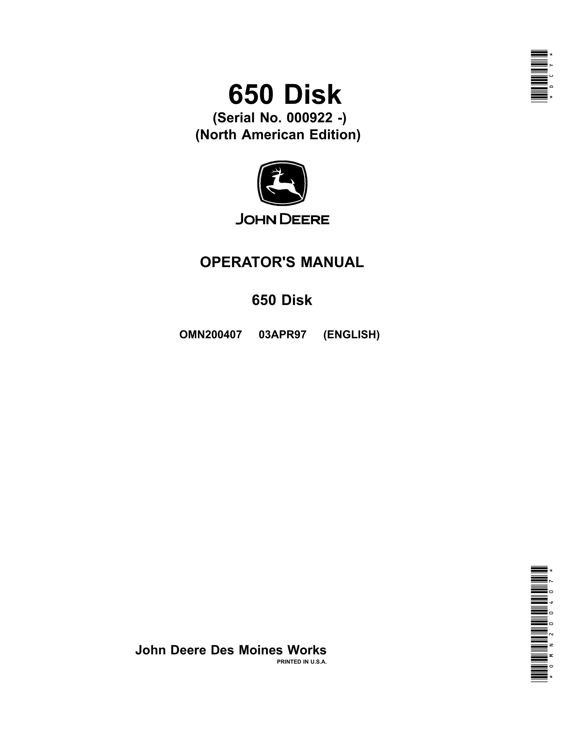 John Deere 650 Disk Operator Manual OMN200407-1