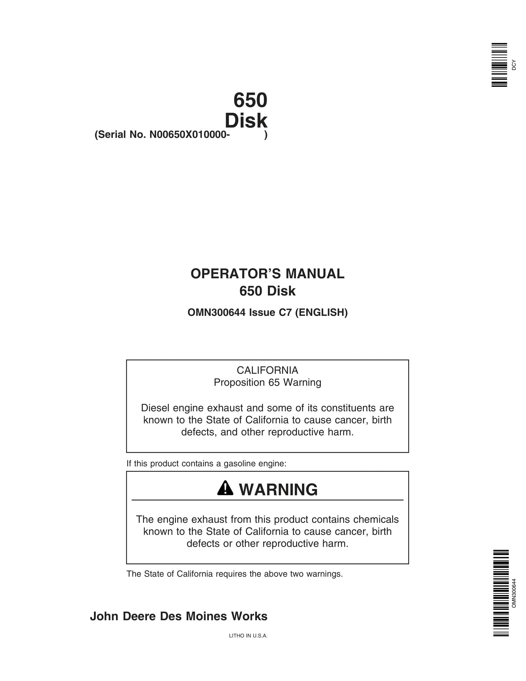 John Deere 650 Disk Operator Manual OMN300644-1
