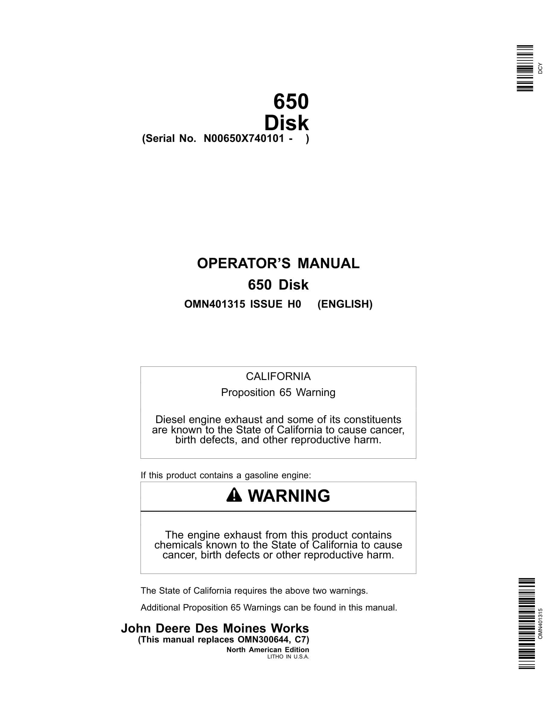 John Deere 650 Disk Operator Manual OMN401315-1