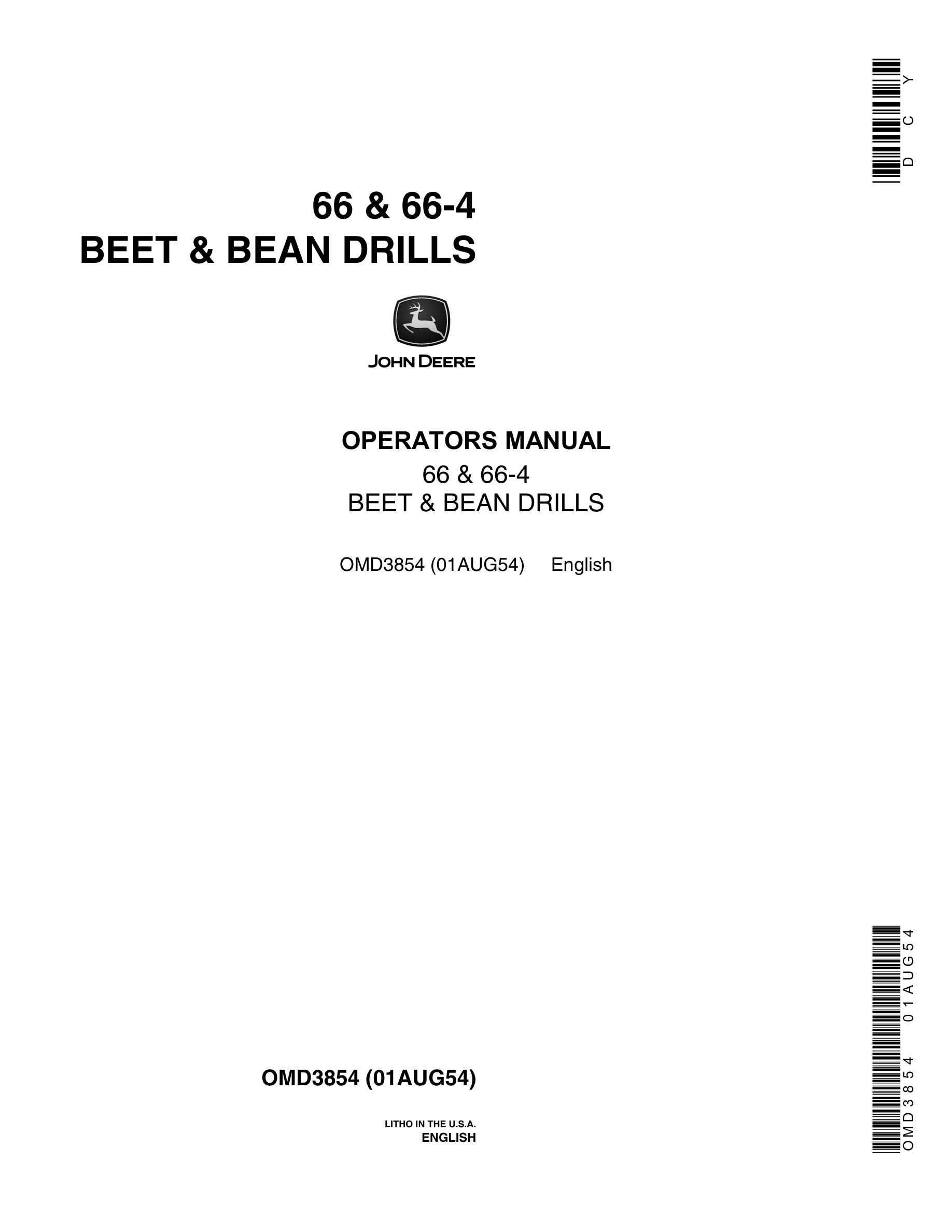 John Deere 66 & 66-4 BEET & BEAN DRILL Operator Manual OMD3854-1