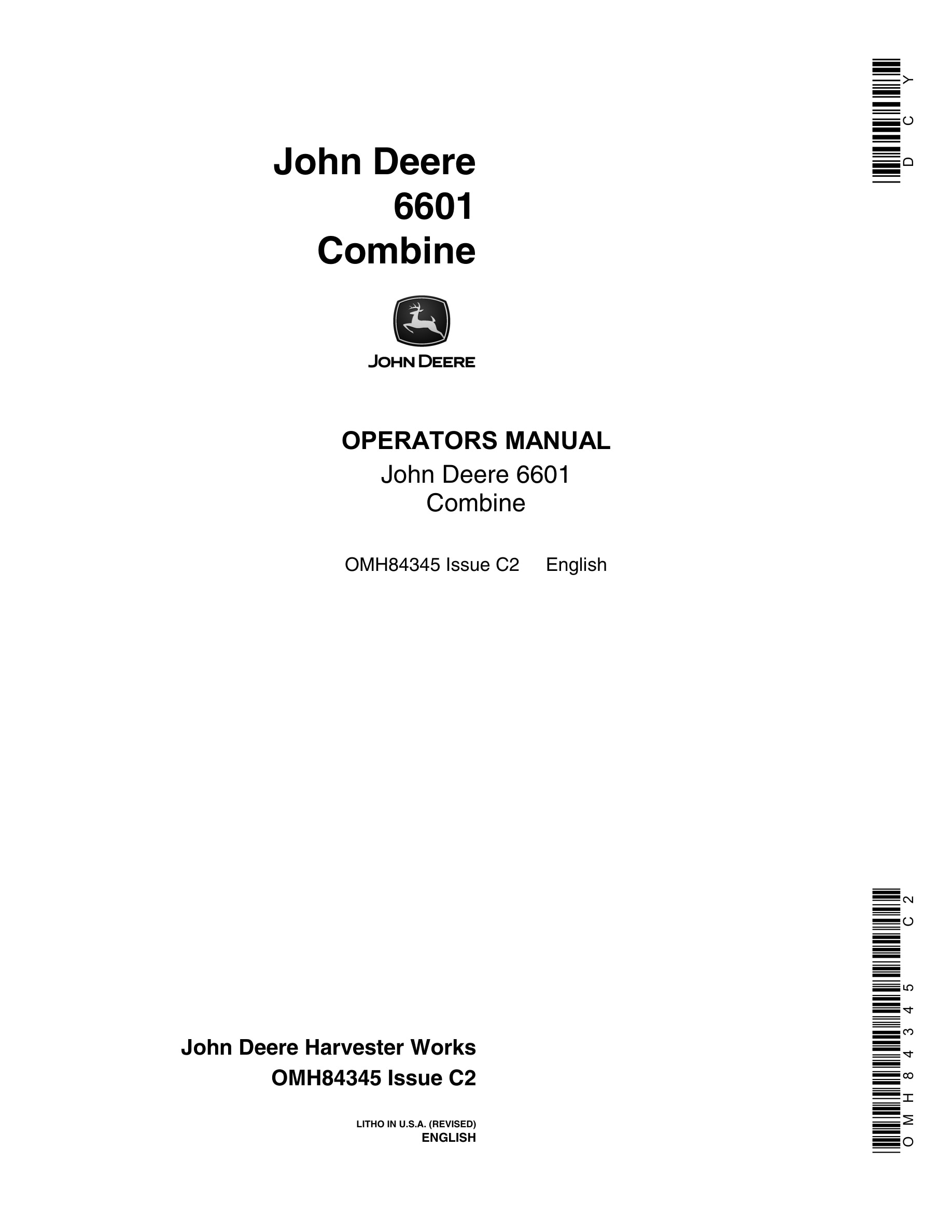 John Deere 6601 Combine Operator Manual OMH88383-1