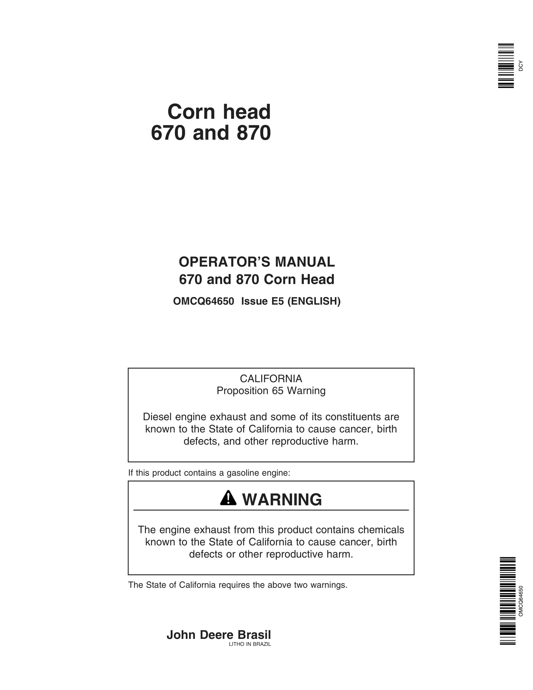 John Deere 670 and 870 Corn Head Operator Manual OMCQ64650-1