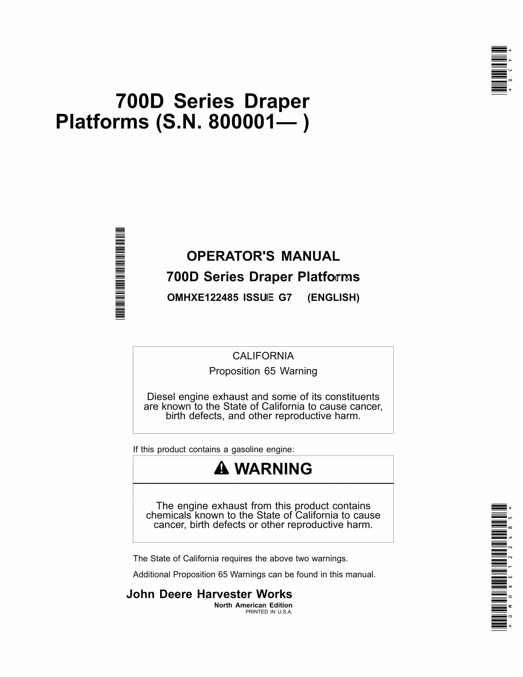 John Deere 700D Series Draper Platforms Operator Manual OMHXE122485-1