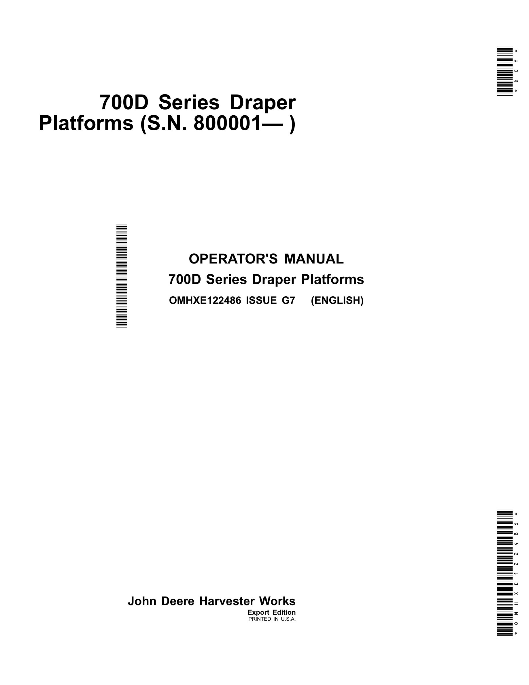 John Deere 700D Series Draper Platforms Operator Manual OMHXE122486-1