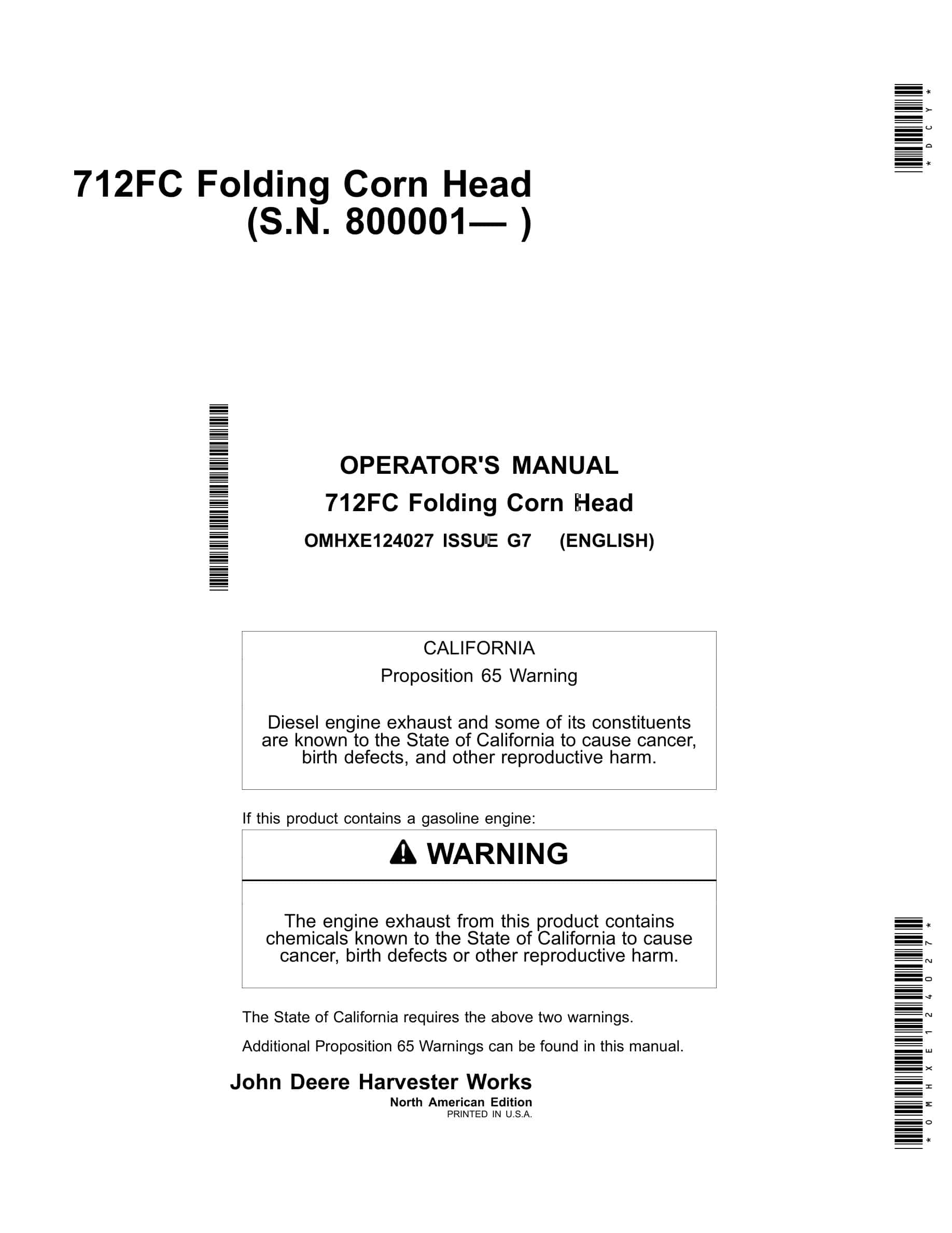 John Deere 712FC Folding Corn Head Operator Manual OMHXE124027-1