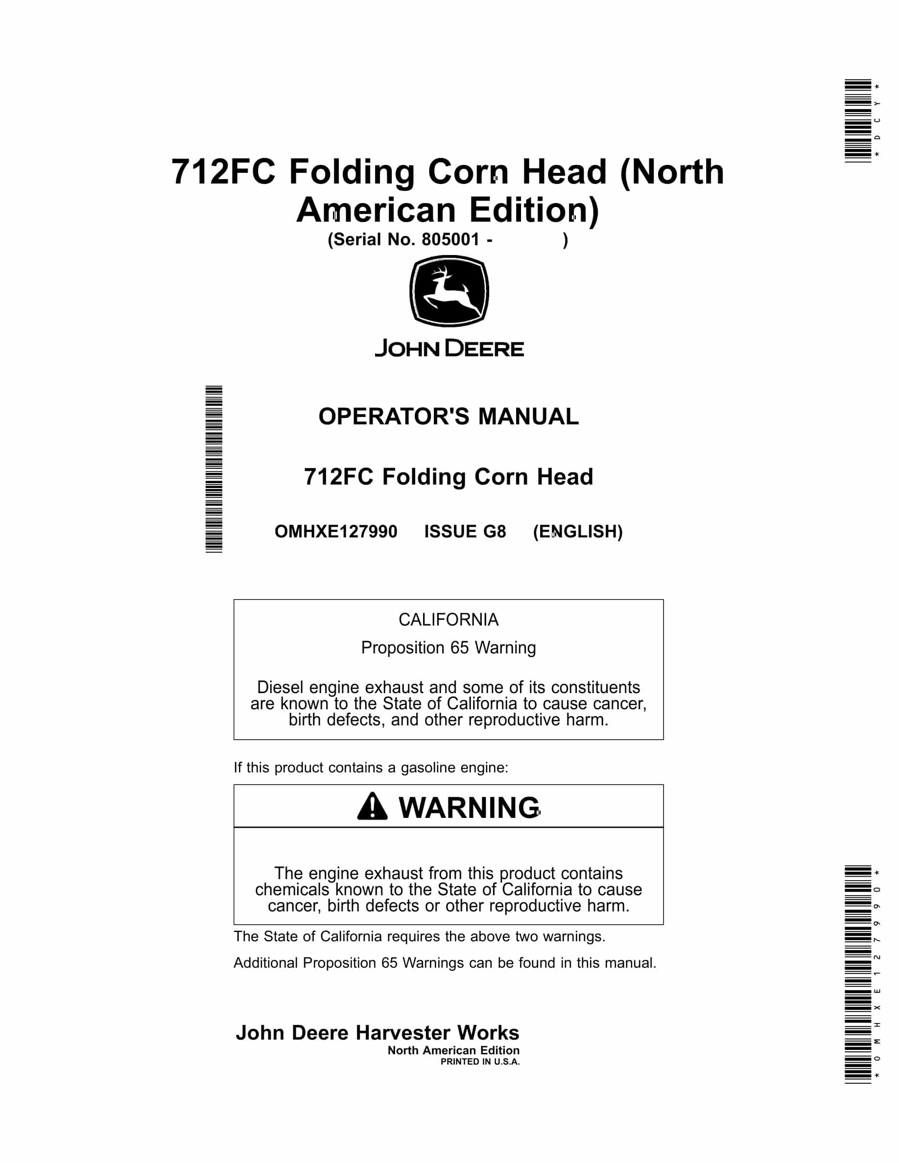 John Deere 712FC Folding Corn Head Operator Manual OMHXE127990-1