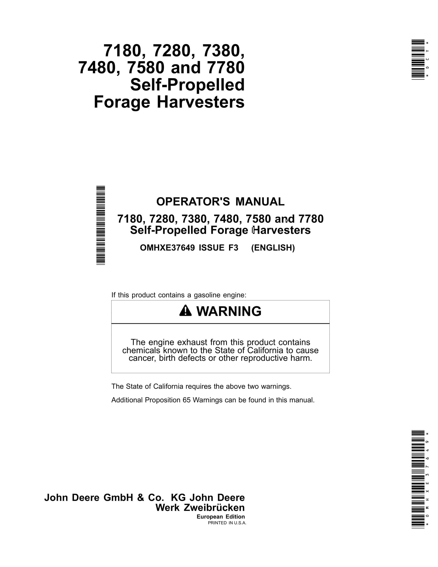 John Deere 7180, 7280, 7380, 7480, 7580 and 7780 Self Operator Manual OMHXE37649-1