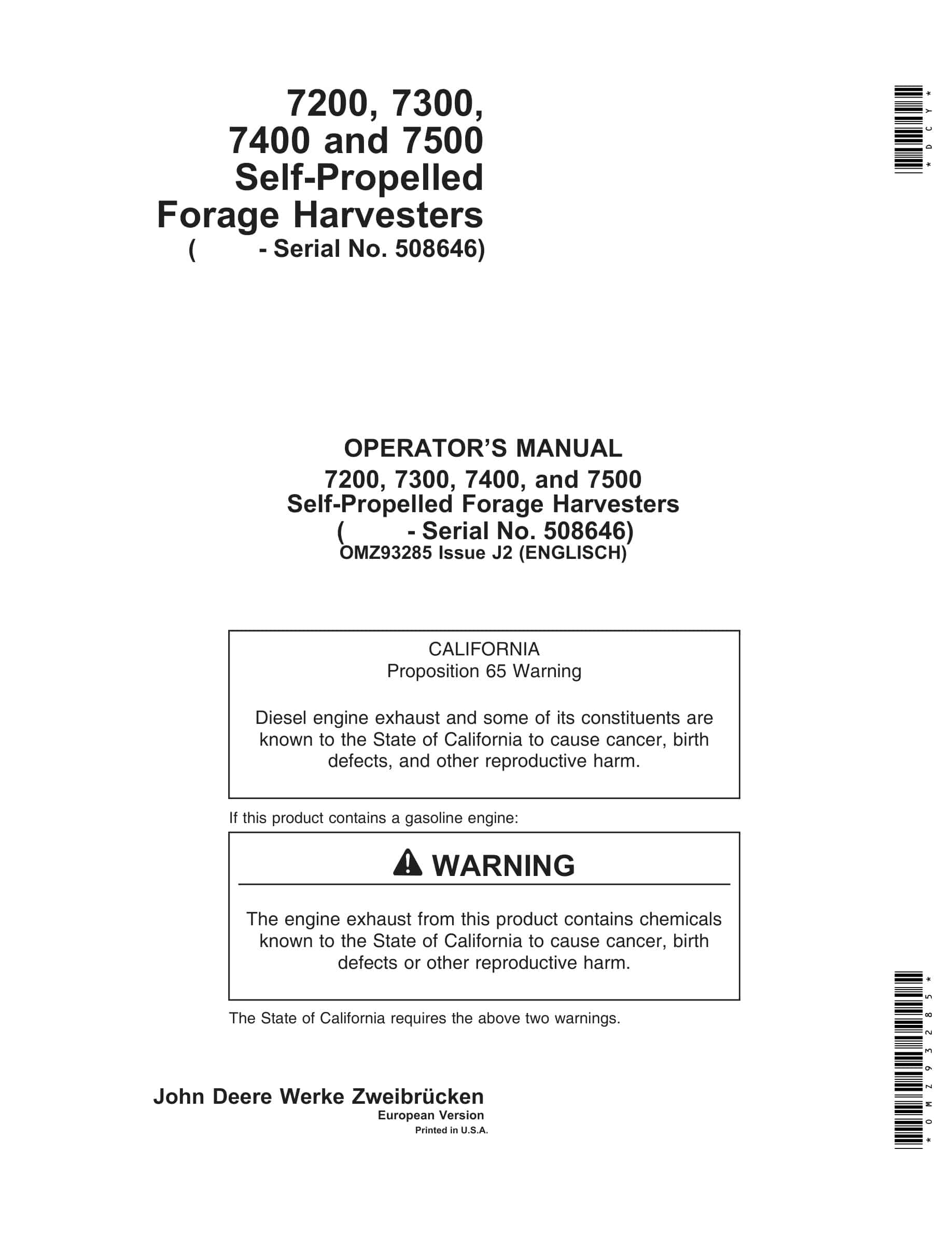 John Deere 7200, 7300, 7400 and 7500 Self-Propelled Forage Harvester Operator Manual OMZ93285-1