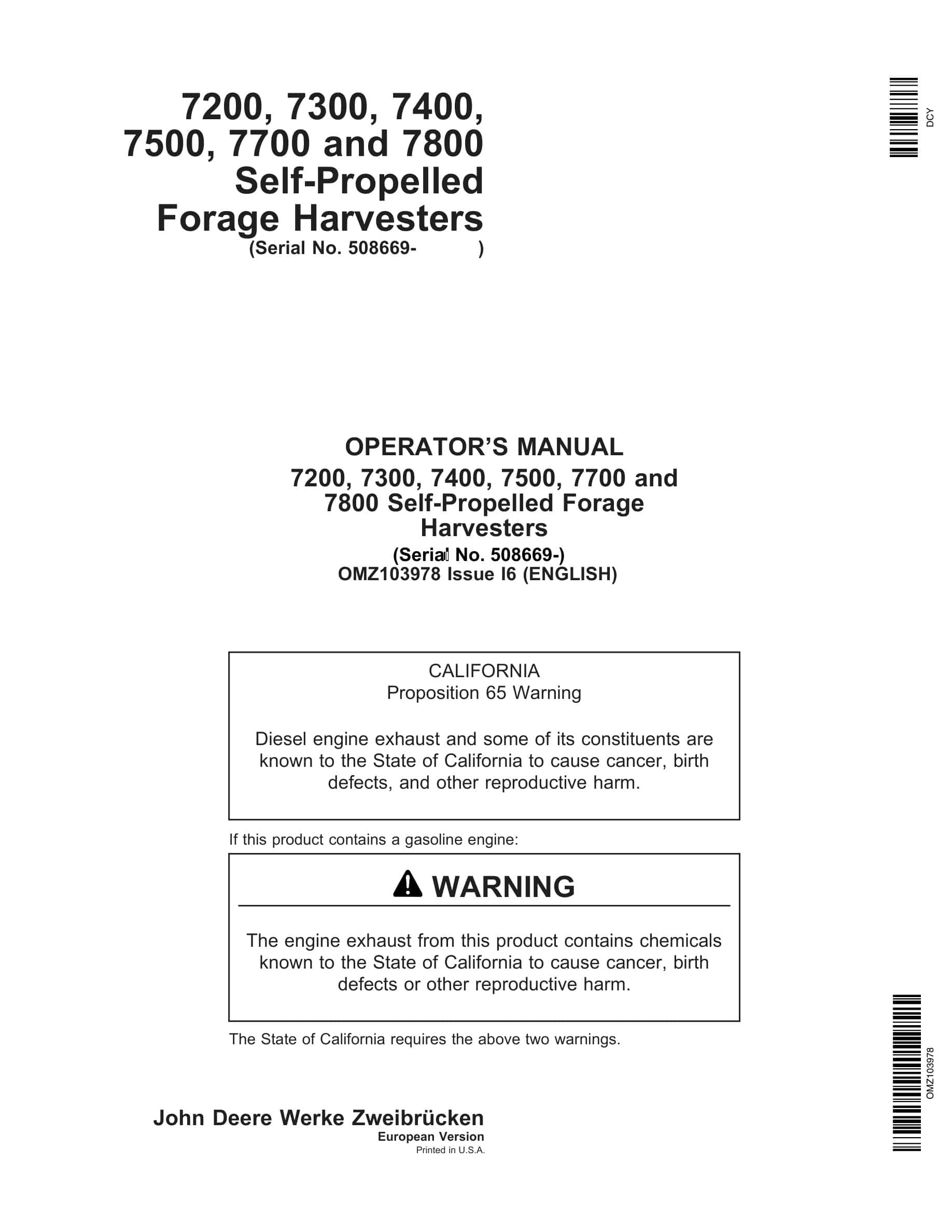 John Deere 7200, 7300,a 7400, 7500, 7700 and 7800 Self Operator Manual OMZ103978-1