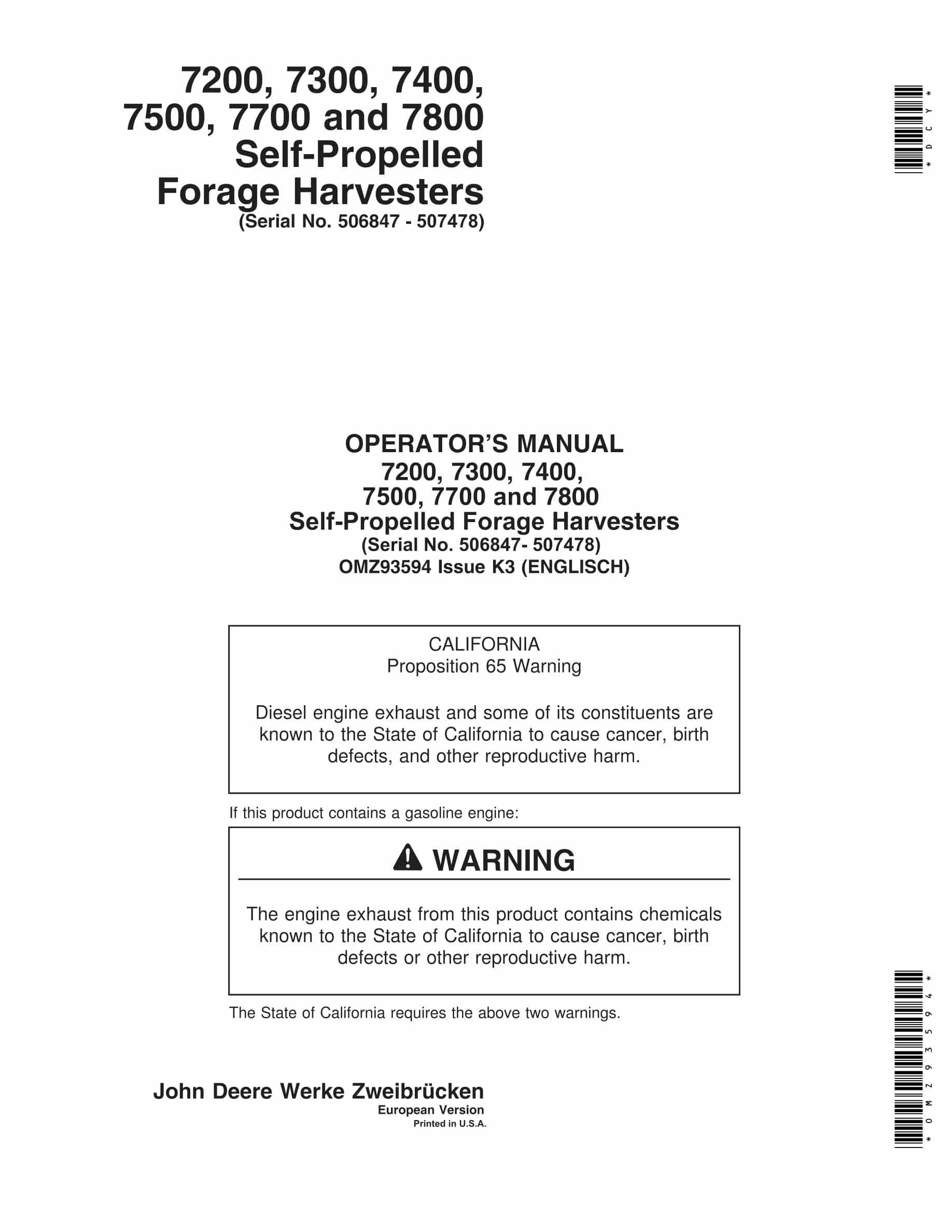 John Deere 7200, 7300,a 7400, 7500, 7700 and 7800 Self Operator Manual OMZ93594-1