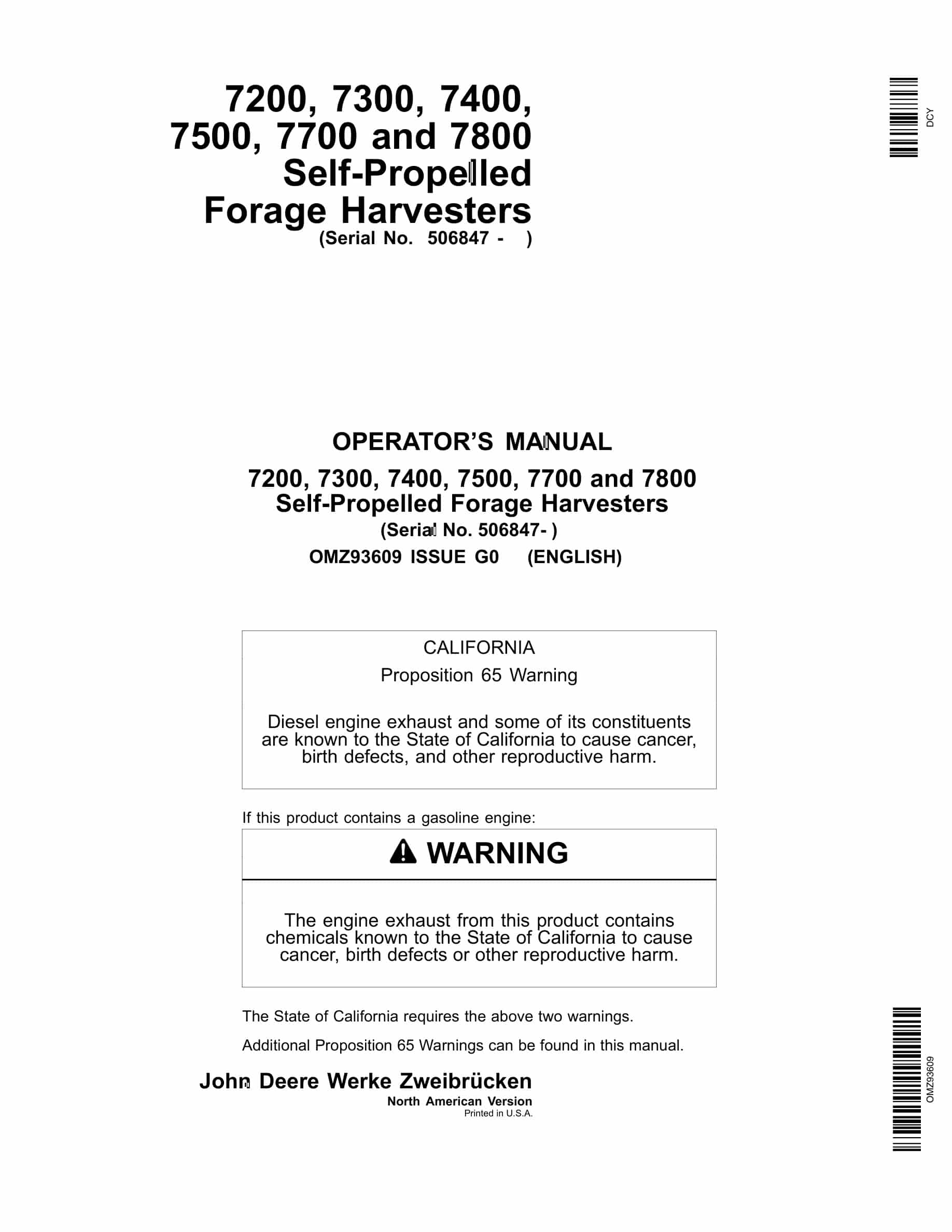 John Deere 7200, 7300,a 7400, 7500, 7700 and 7800 Self Operator Manual OMZ93609-1