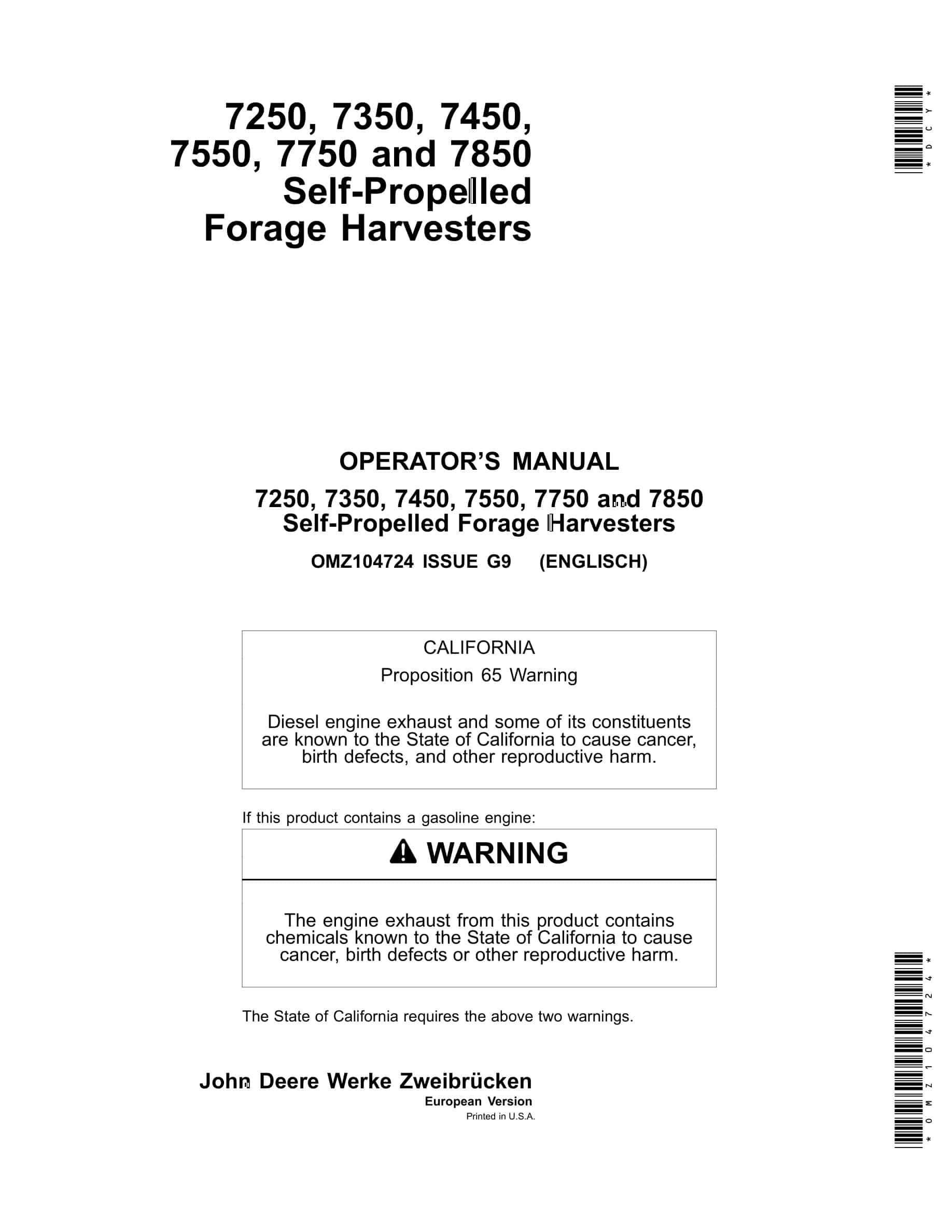 John Deere 7250, 7350, 7450, 7550, 7750 and 7850 Self Operator Manual OMZ104724-1