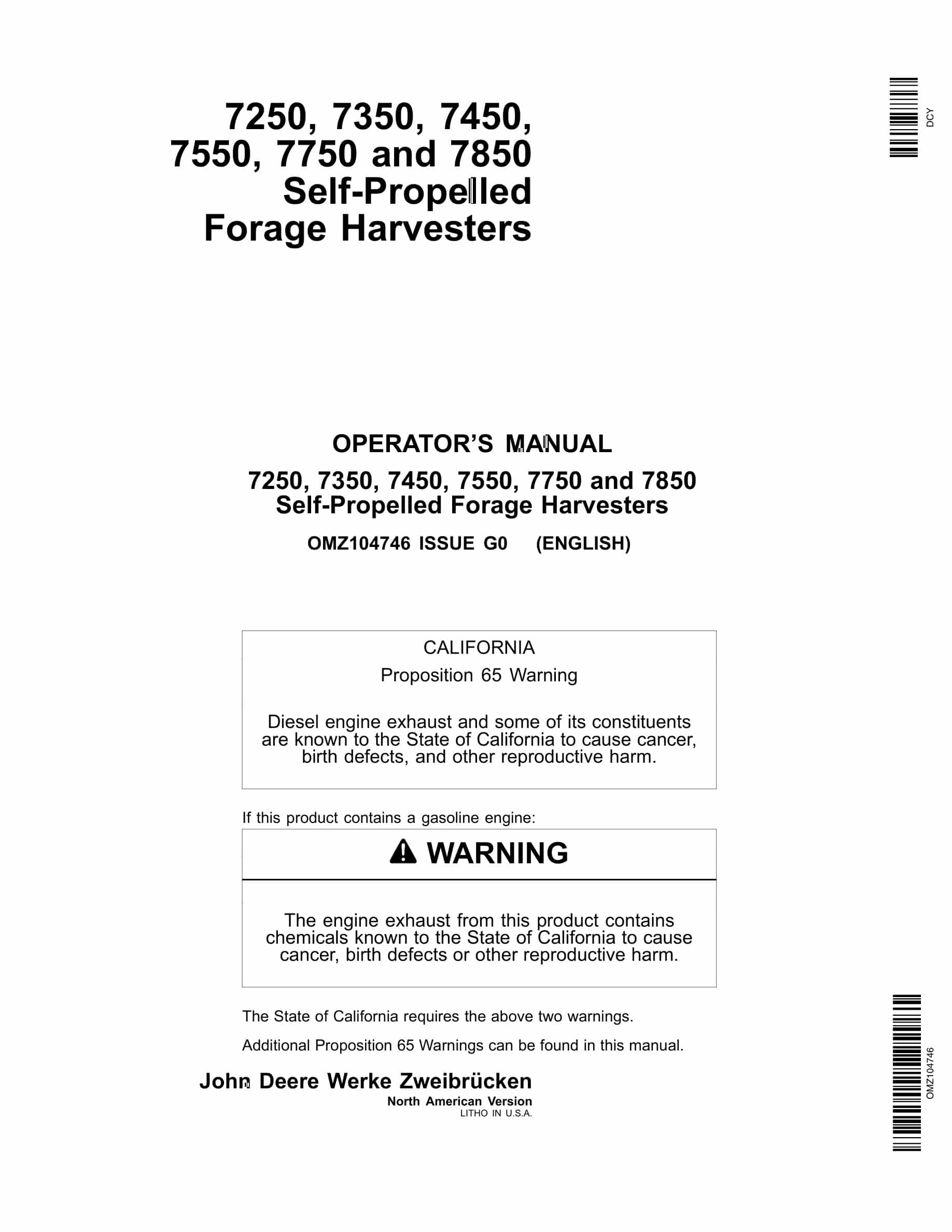 John Deere 7250, 7350, 7450, 7550, 7750 and 7850 Self Operator Manual OMZ104746-1