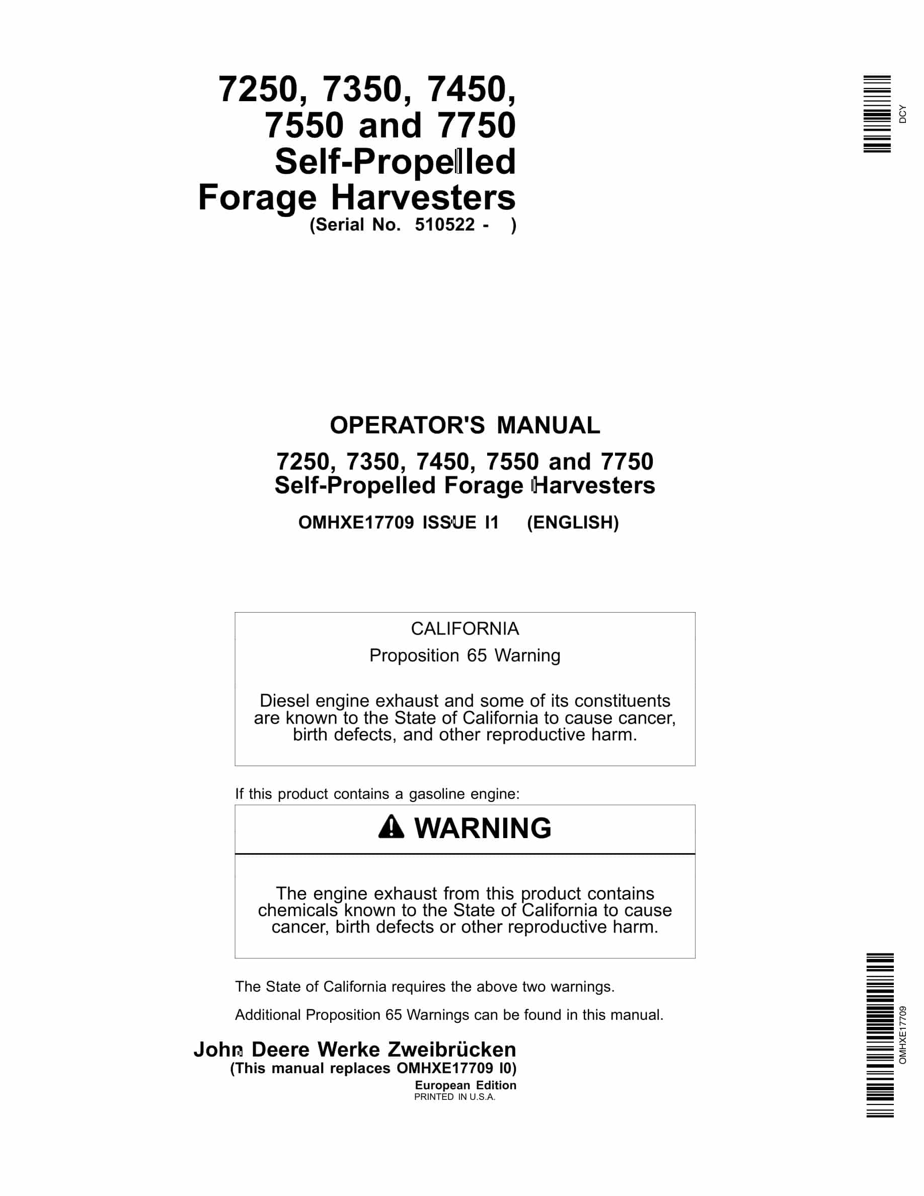 John Deere 7250, 7350, 7450, 7550 and 7750 Self Operator Manual OMHXE17709-1