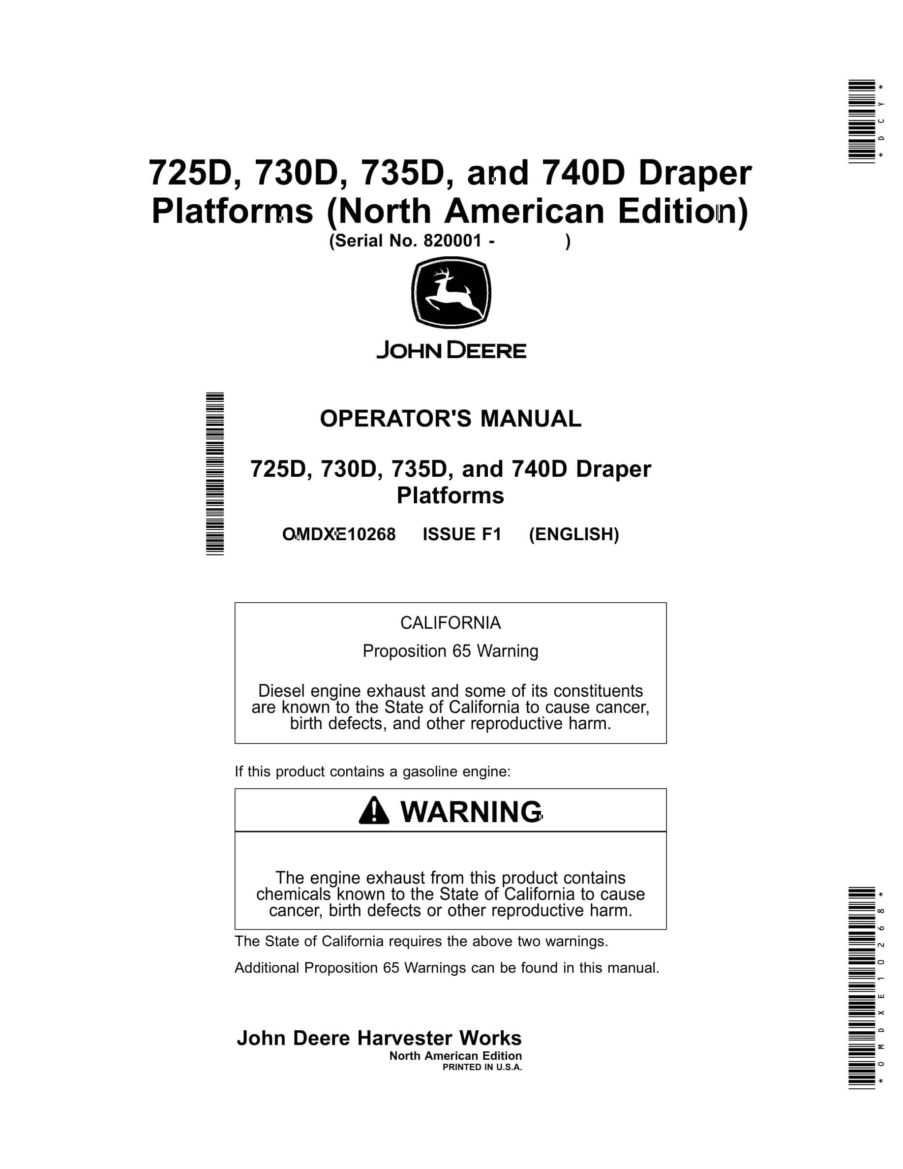 John Deere 725D, 730D, 735D, and 740D Draper Platforms Operator Manual OMDXE10268-1