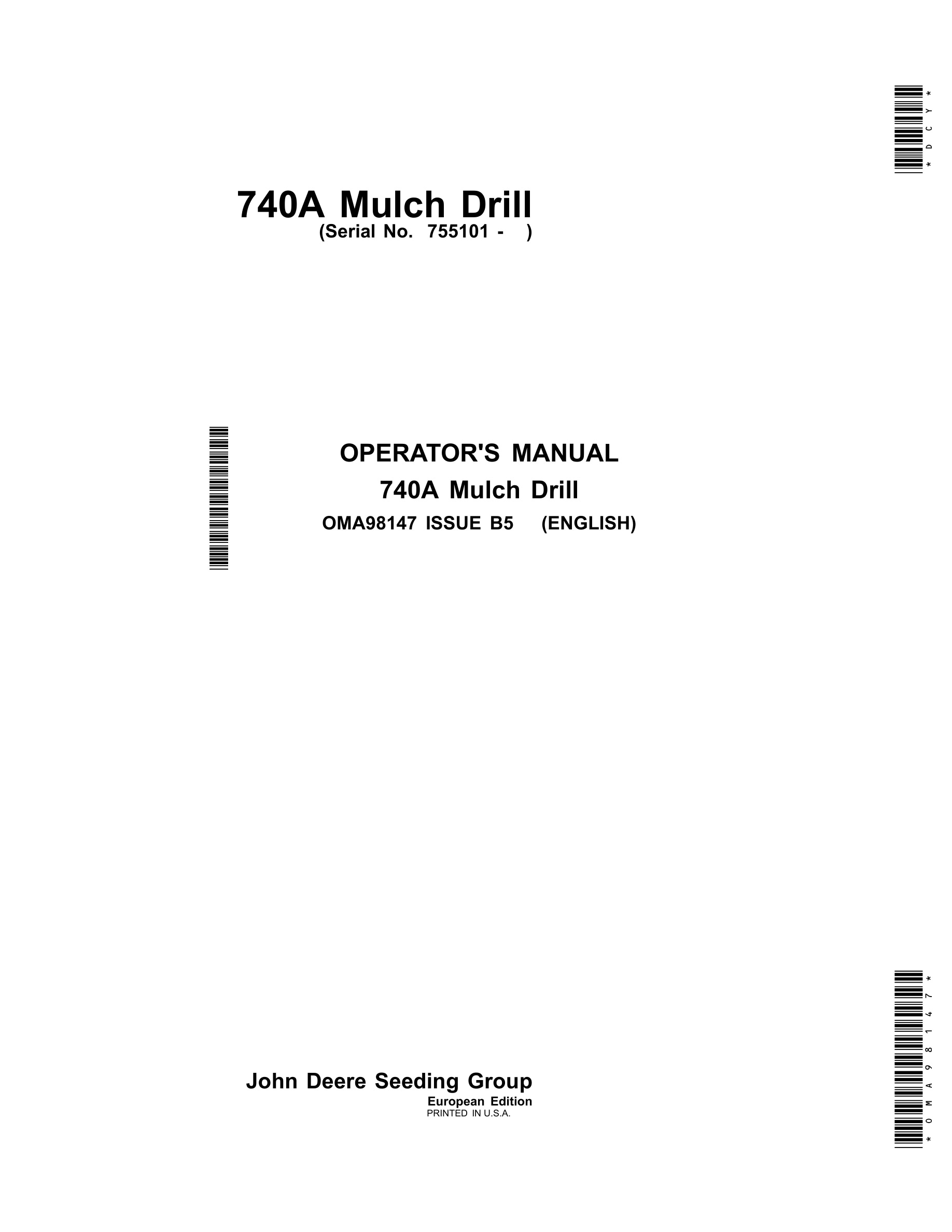 John Deere 740A Mulch Drill Operator Manual OMA98147-1
