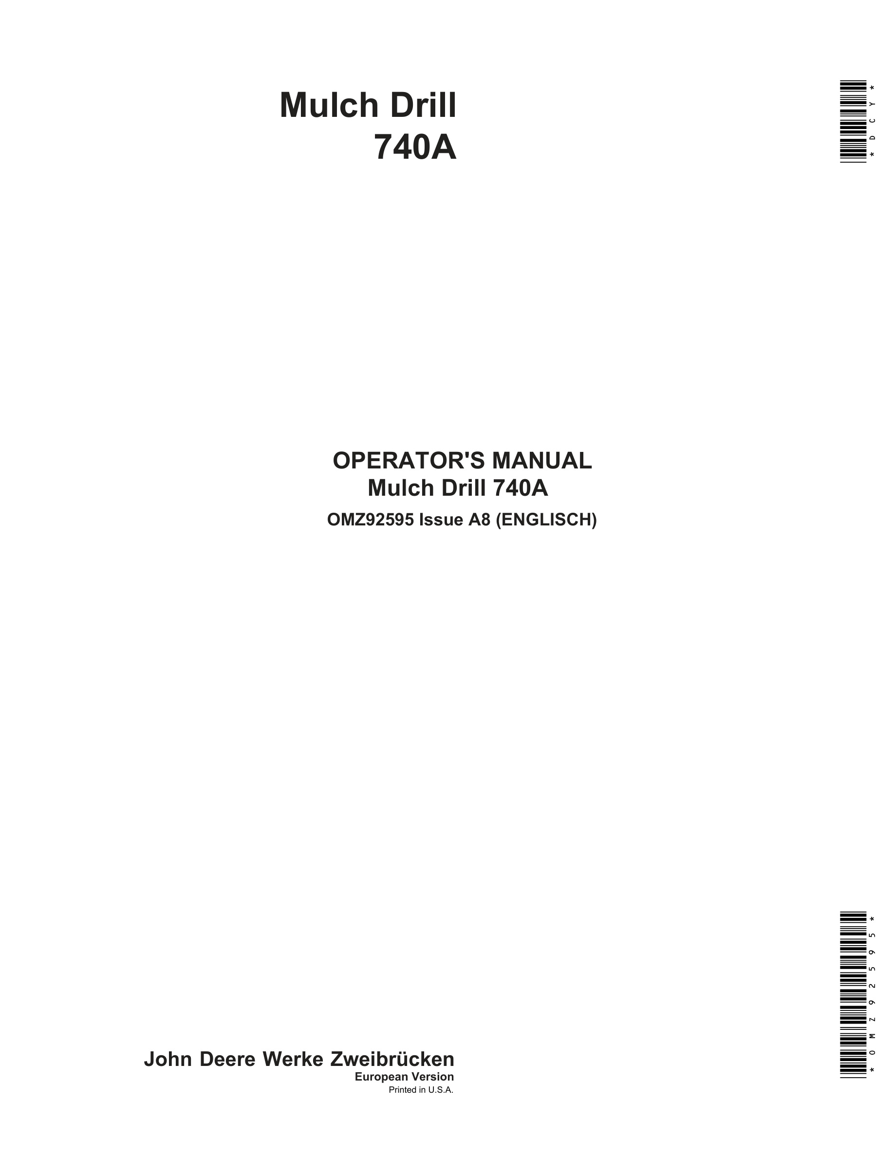 John Deere 740A Mulch Drill Operator Manual OMZ92595-1