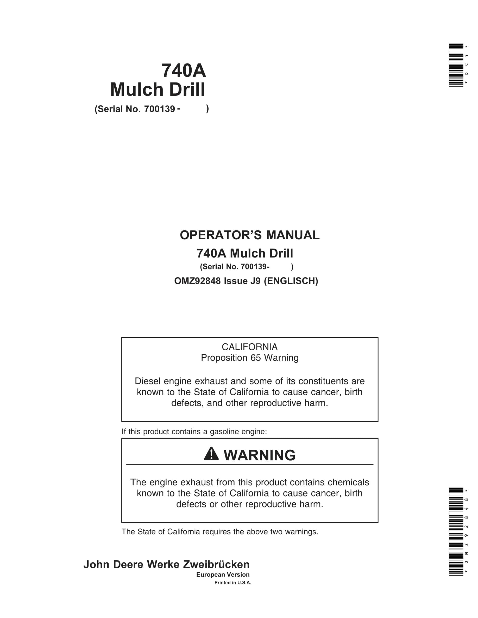 John Deere 740A Mulch Drill Operator Manual OMZ92848-1
