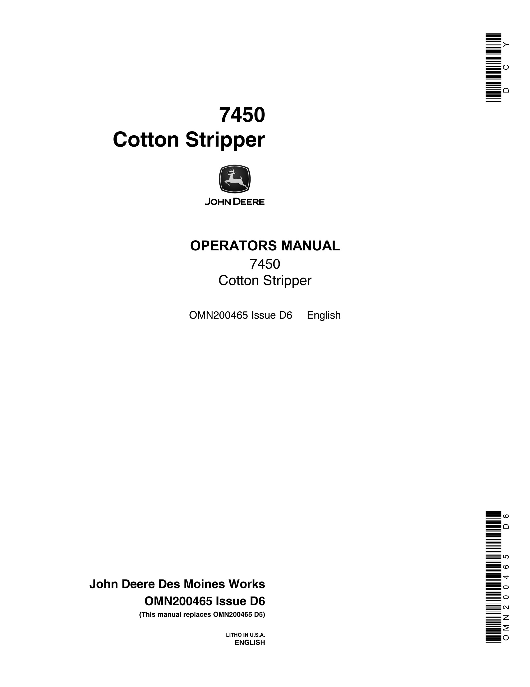 John Deere 7450 Cotton Stripper Operator Manual OMN200465-1