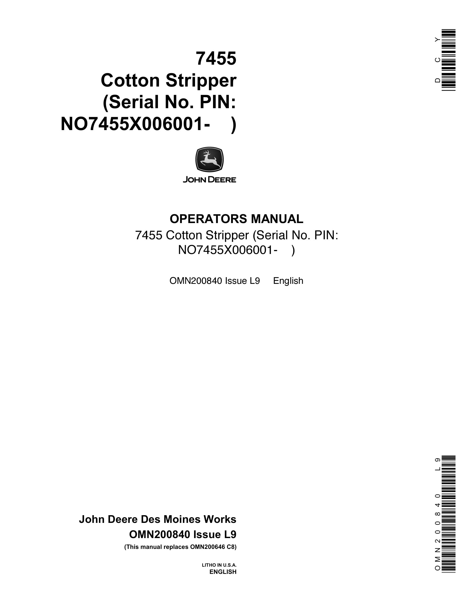 John Deere 7455 Cotton Stripper Operator Manual OMN200840-1