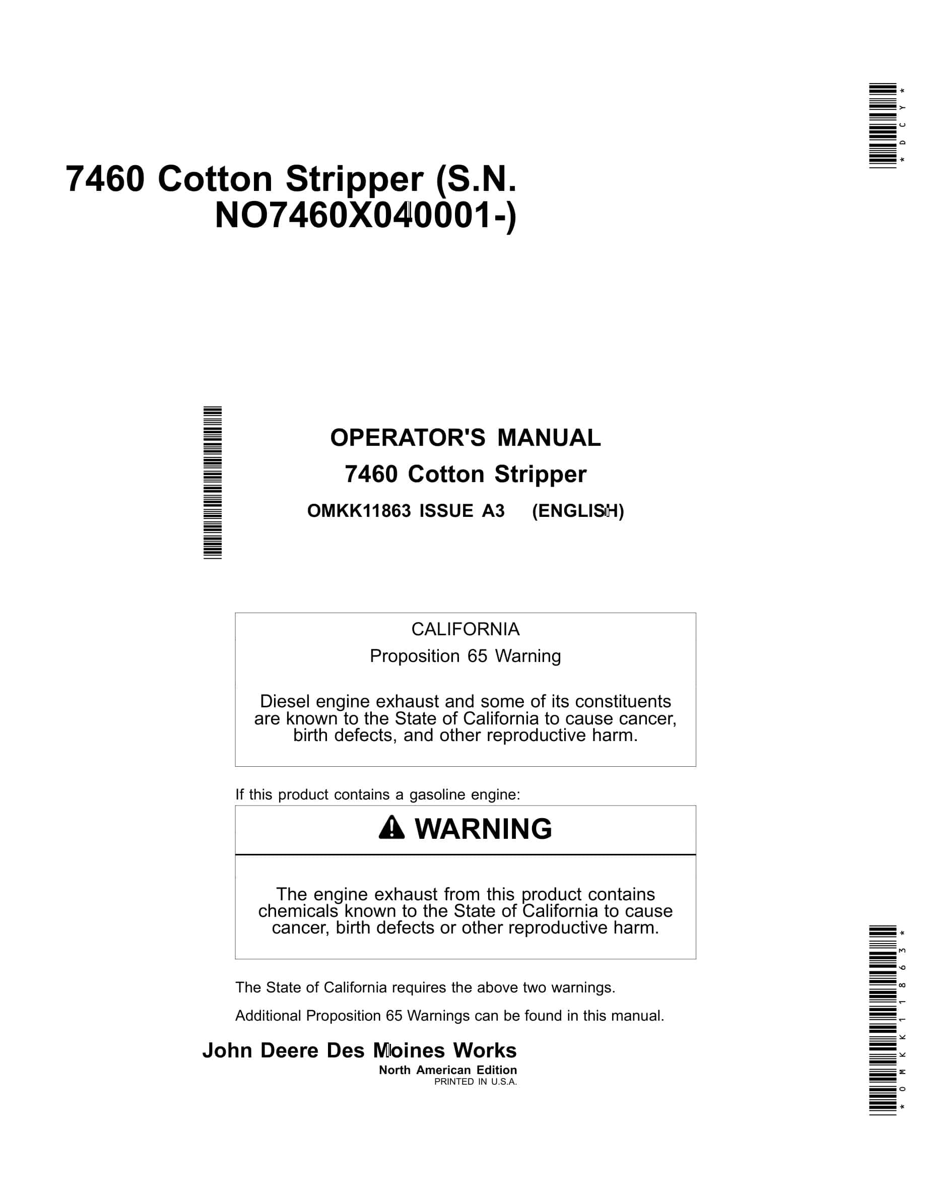 John Deere 7460 Cotton Stripper Operator Manual OMKK11863-1