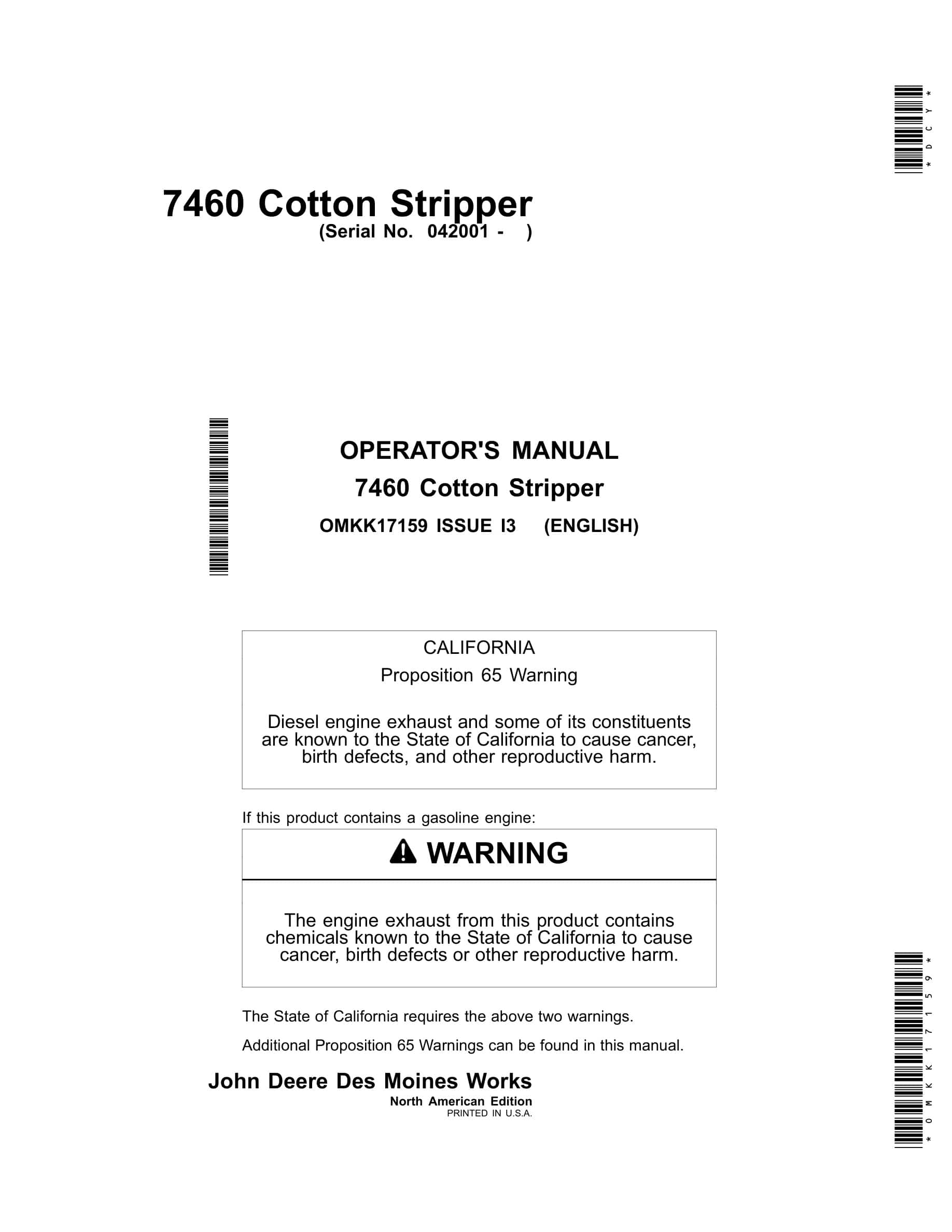 John Deere 7460 Cotton Stripper Operator Manual OMKK17159-1
