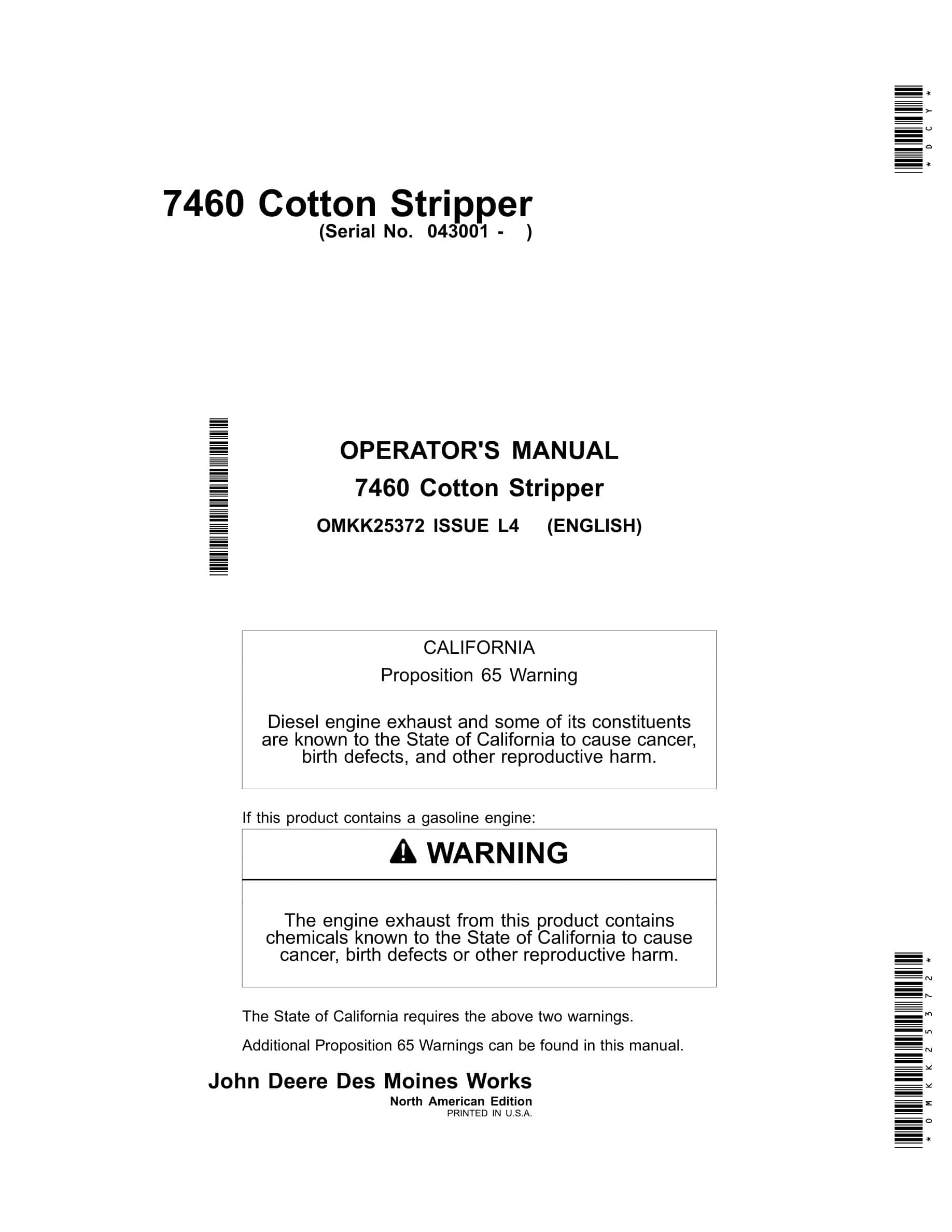 John Deere 7460 Cotton Stripper Operator Manual OMKK25372-1