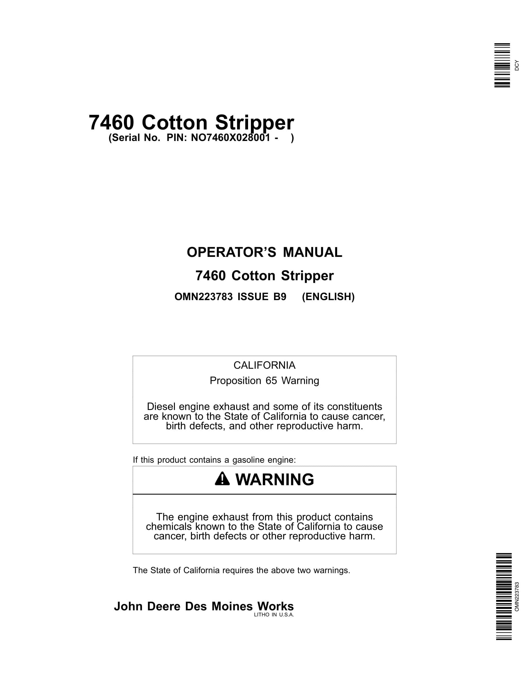 John Deere 7460 Cotton Stripper Operator Manual OMN223783-1