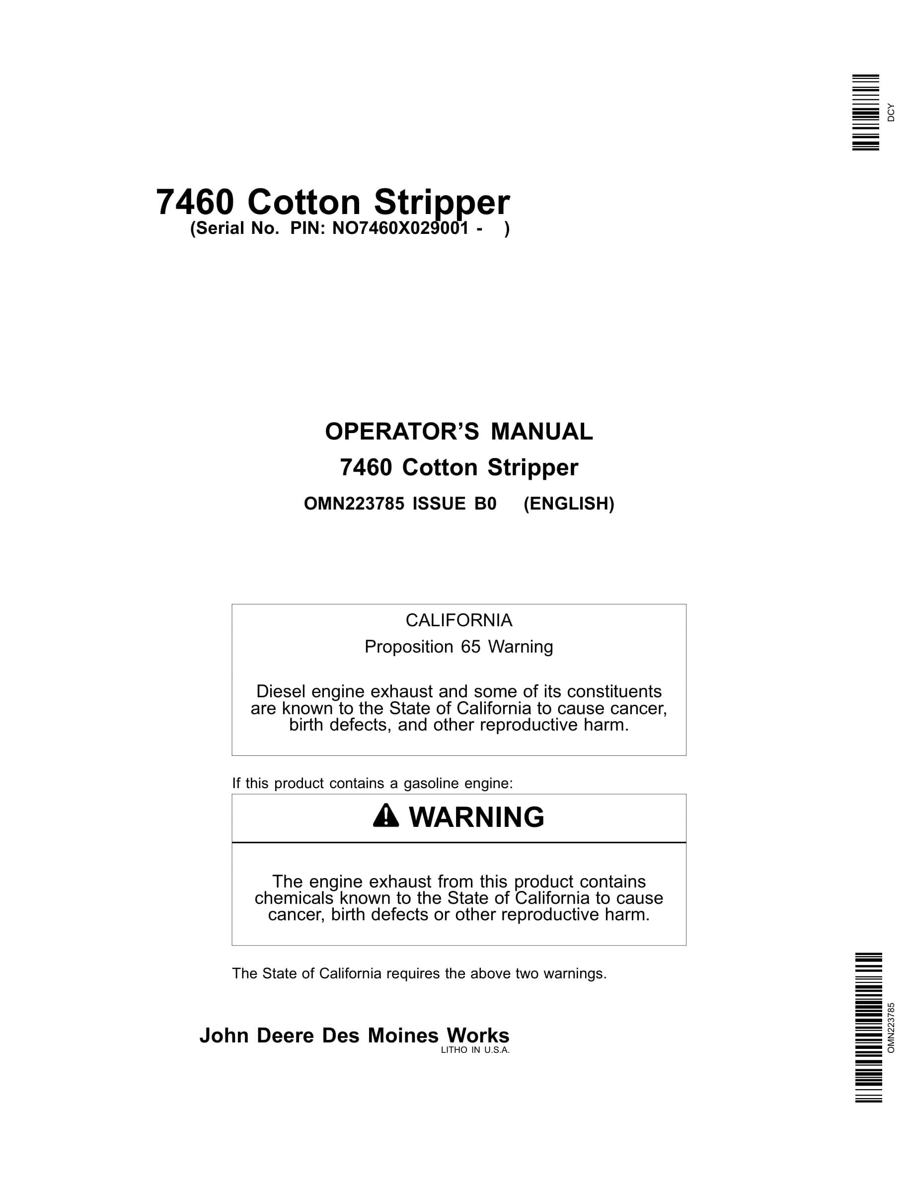 John Deere 7460 Cotton Stripper Operator Manual OMN223785-1
