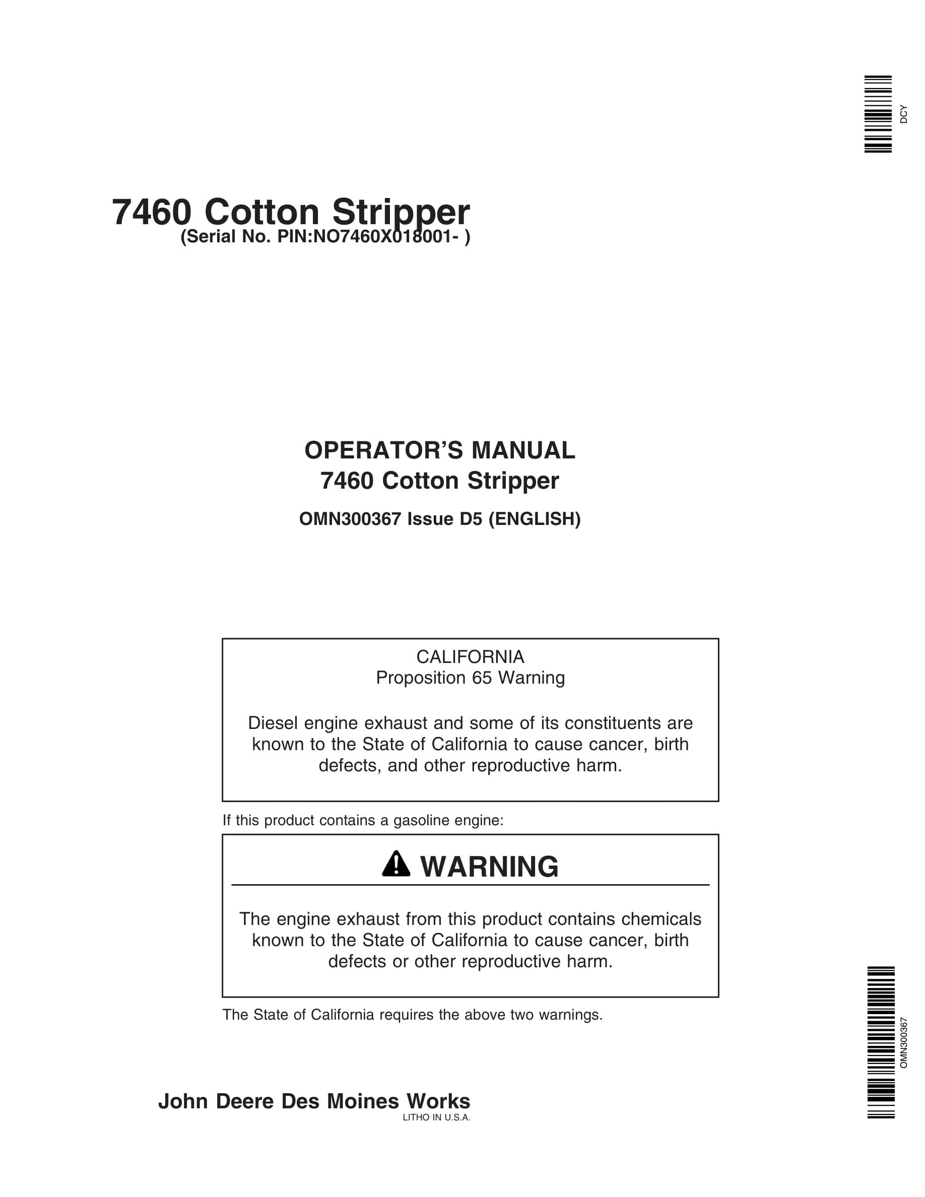John Deere 7460 Cotton Stripper Operator Manual OMN300367-1