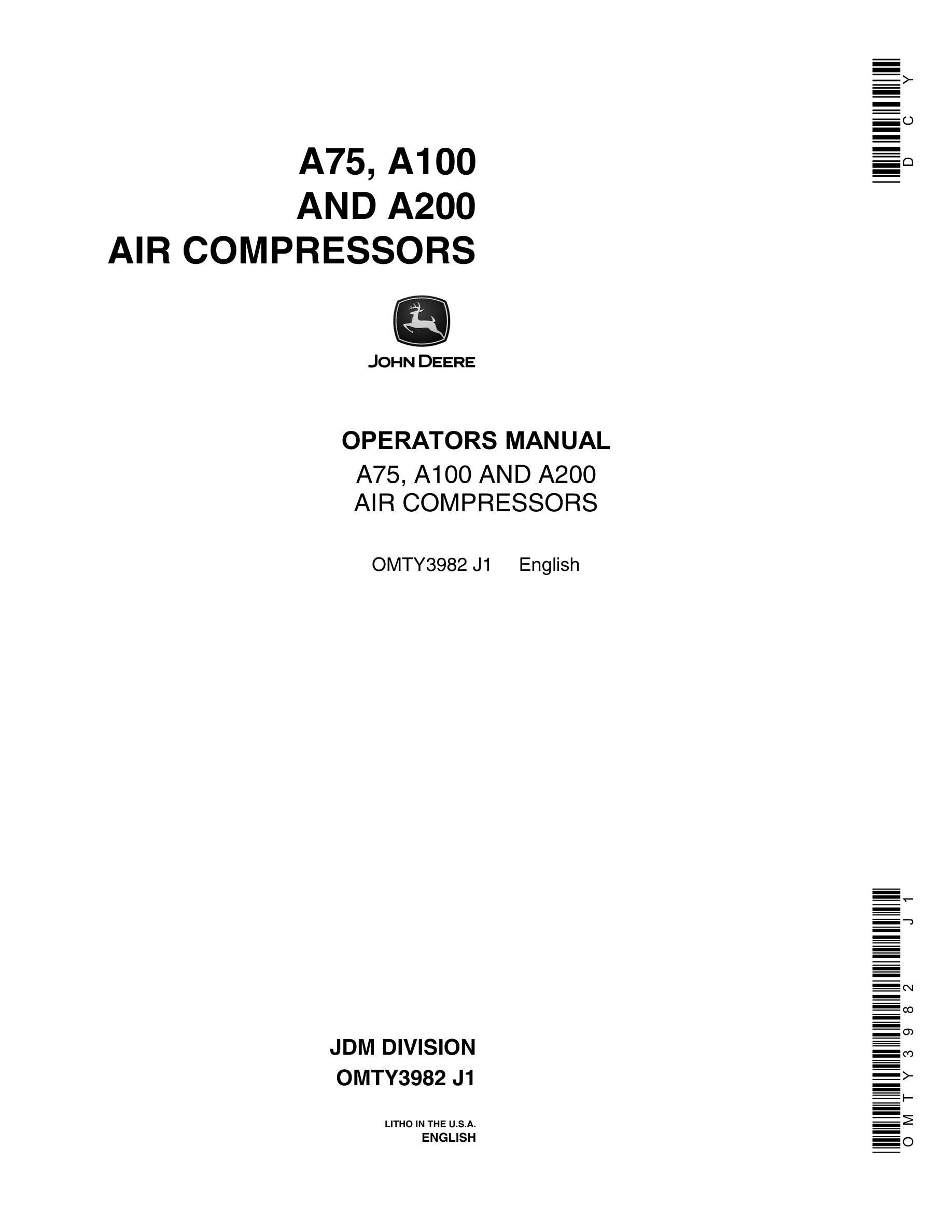 John Deere 75, A100 AND A200 Air Compessor Operator Manual OMTY3982-1
