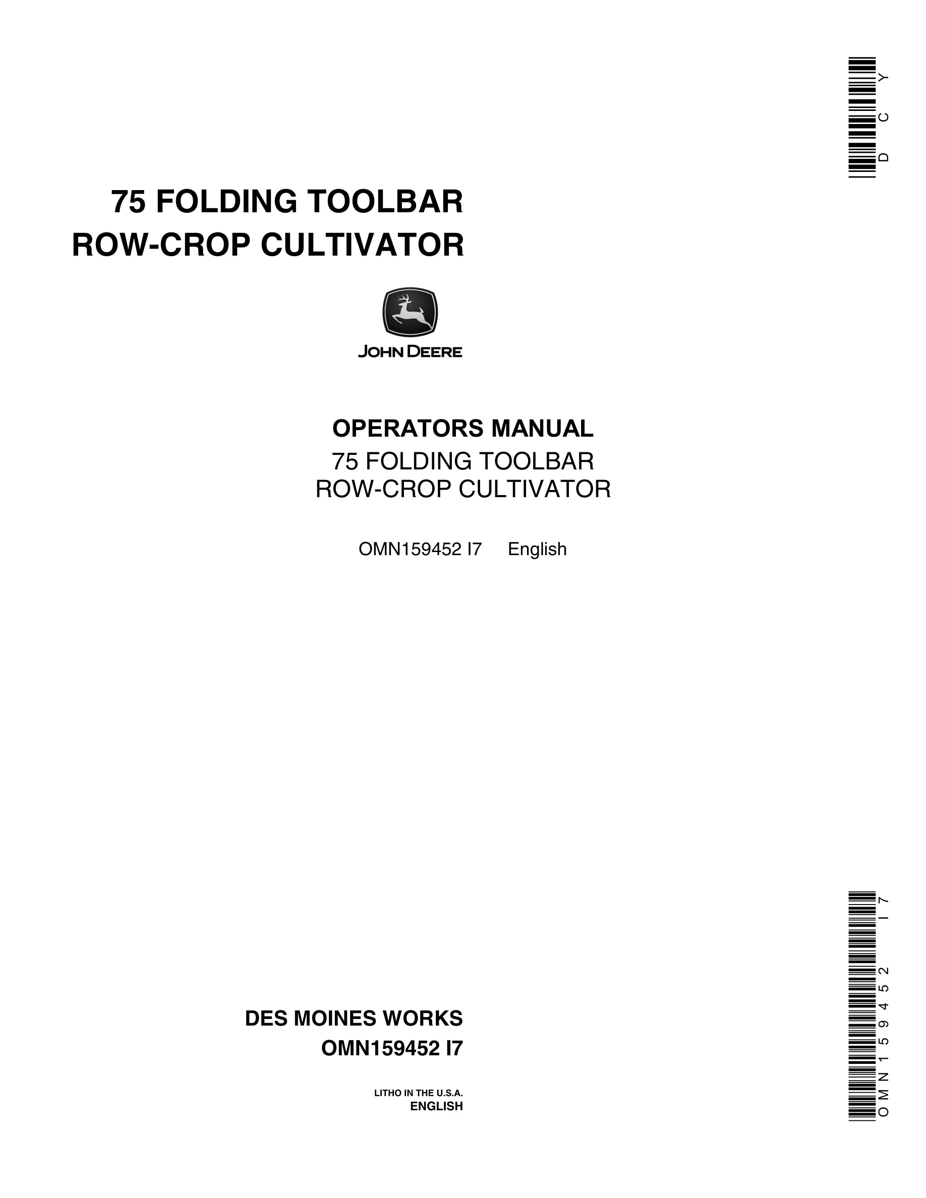 John Deere 75 FOLDING TOOLBAR ROW-CROP CULTIVATOR Operator Manual OMN159452-1