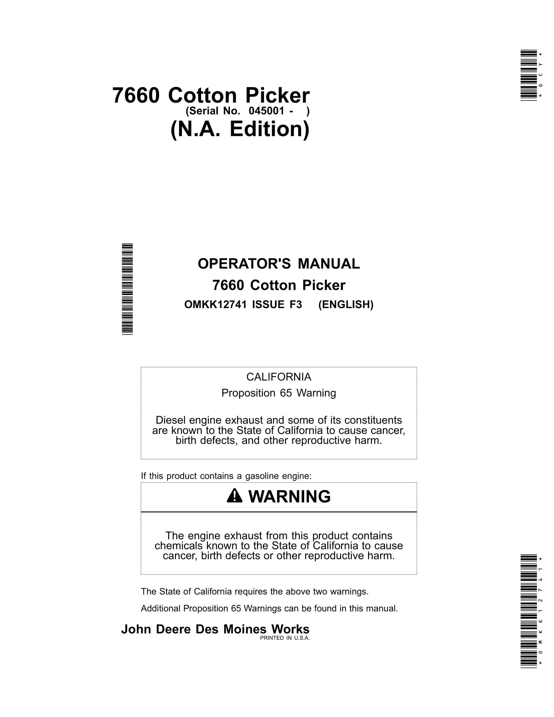 John Deere 7660 Cotton Picker Operator Manual OMKK12741-1