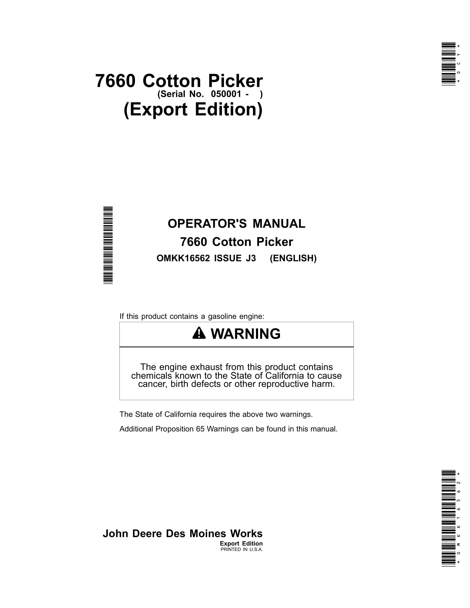 John Deere 7660 Cotton Picker Operator Manual OMKK16562-1