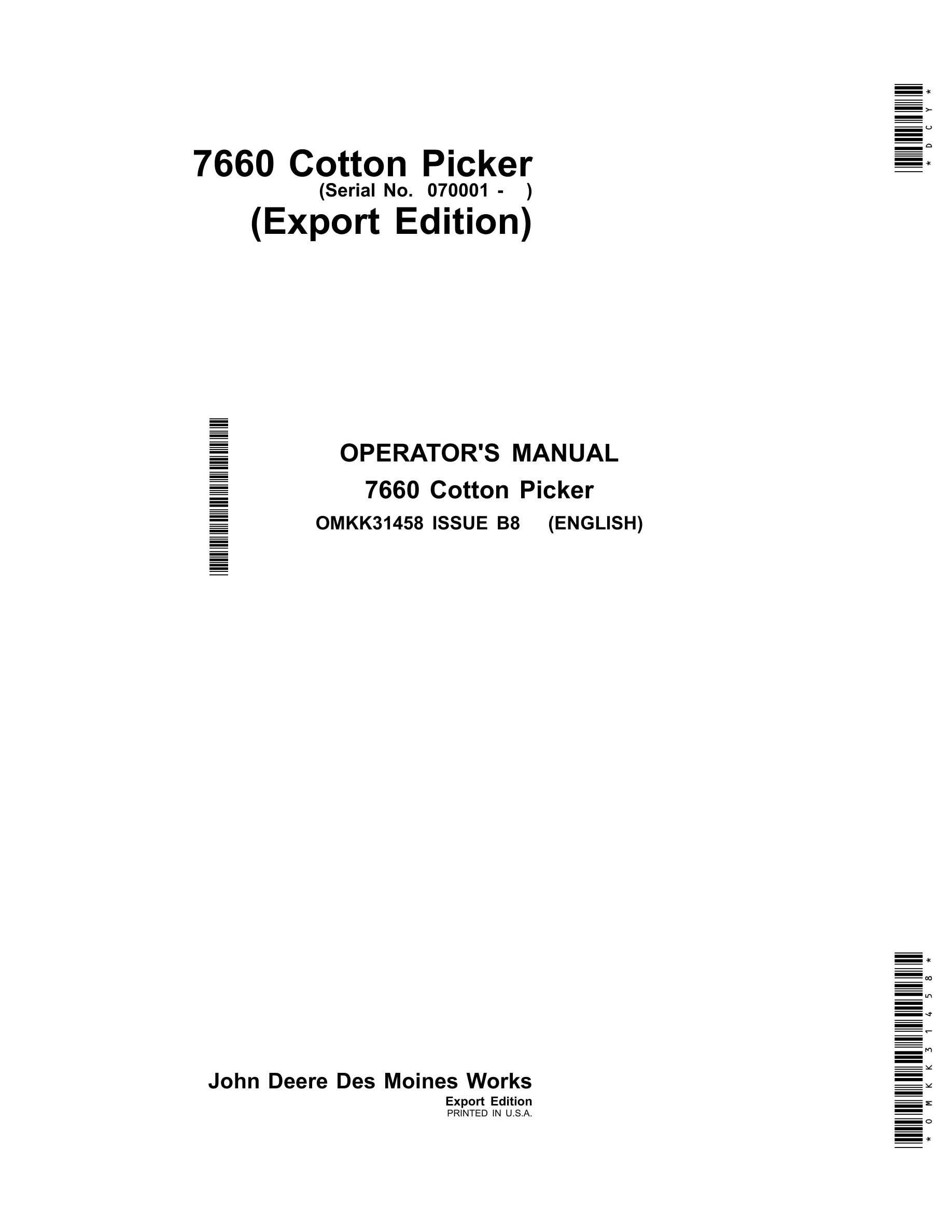 John Deere 7660 Cotton Picker Operator Manual OMKK31458-1