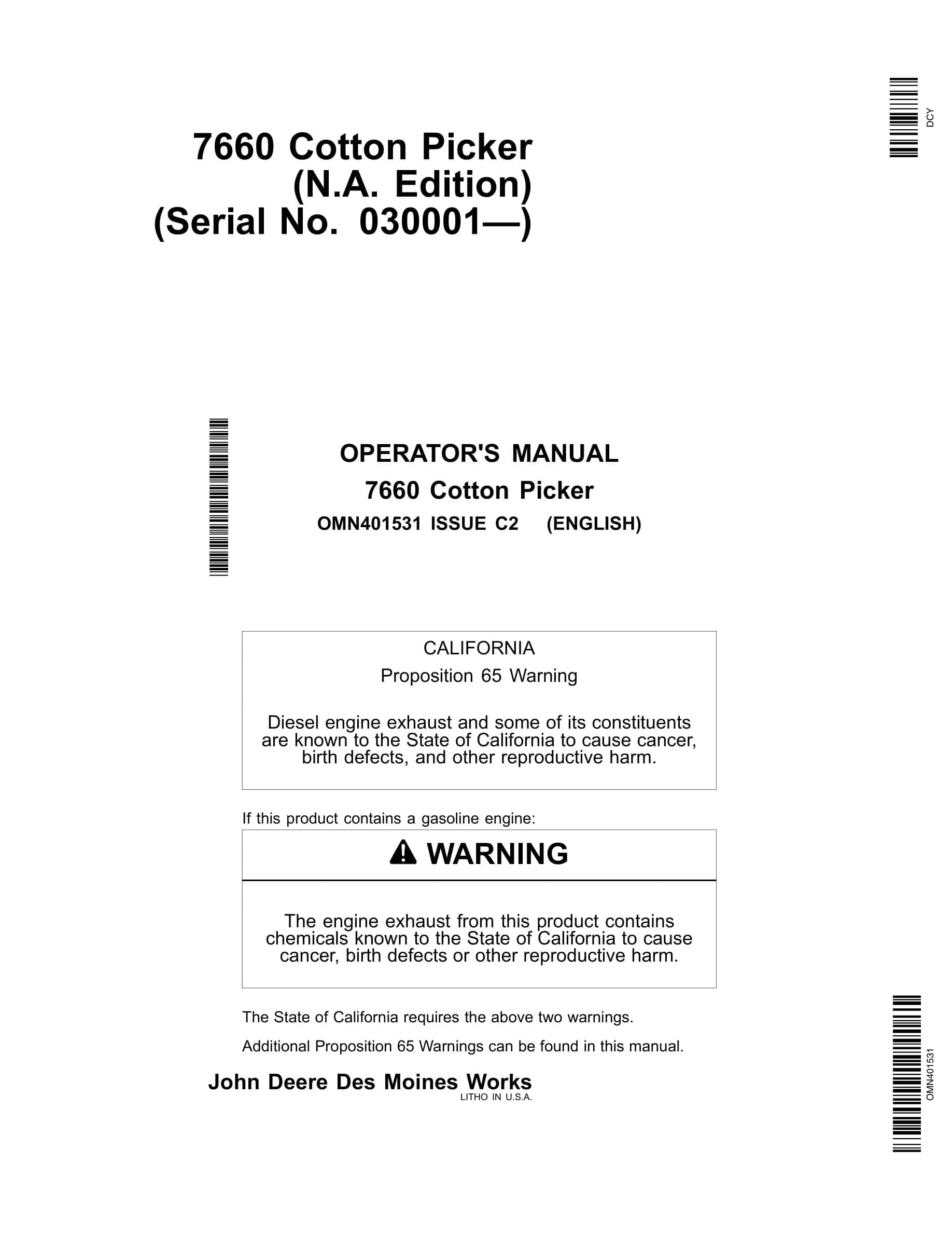 John Deere 7660 Cotton Picker Operator Manual OMN401531-1