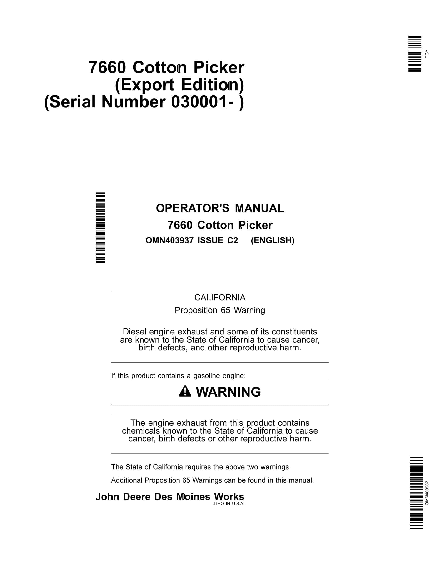 John Deere 7660 Cotton Picker Operator Manual OMN403937-1