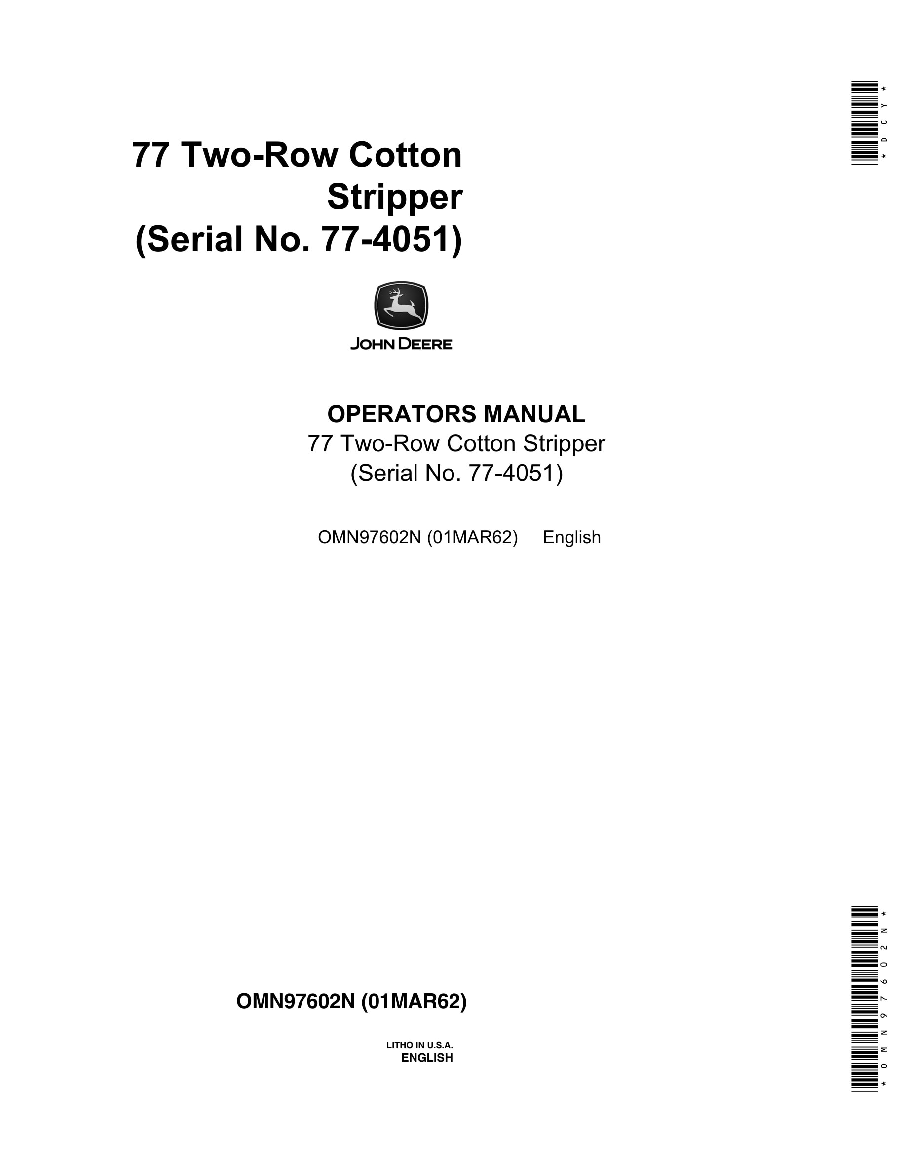 John Deere 77 Two Row Cotton Sripper Operator Manual OMN97602N-1