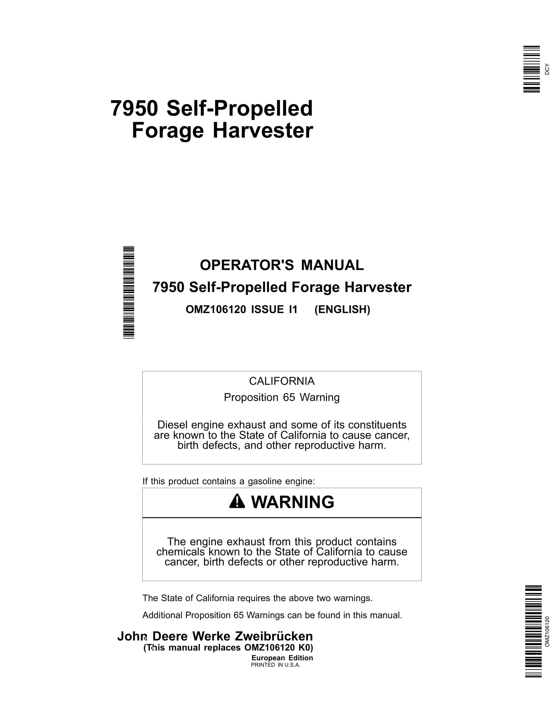 John Deere 7950 Self-Propelled Forage Harvester Operator Manual OMZ106120-1