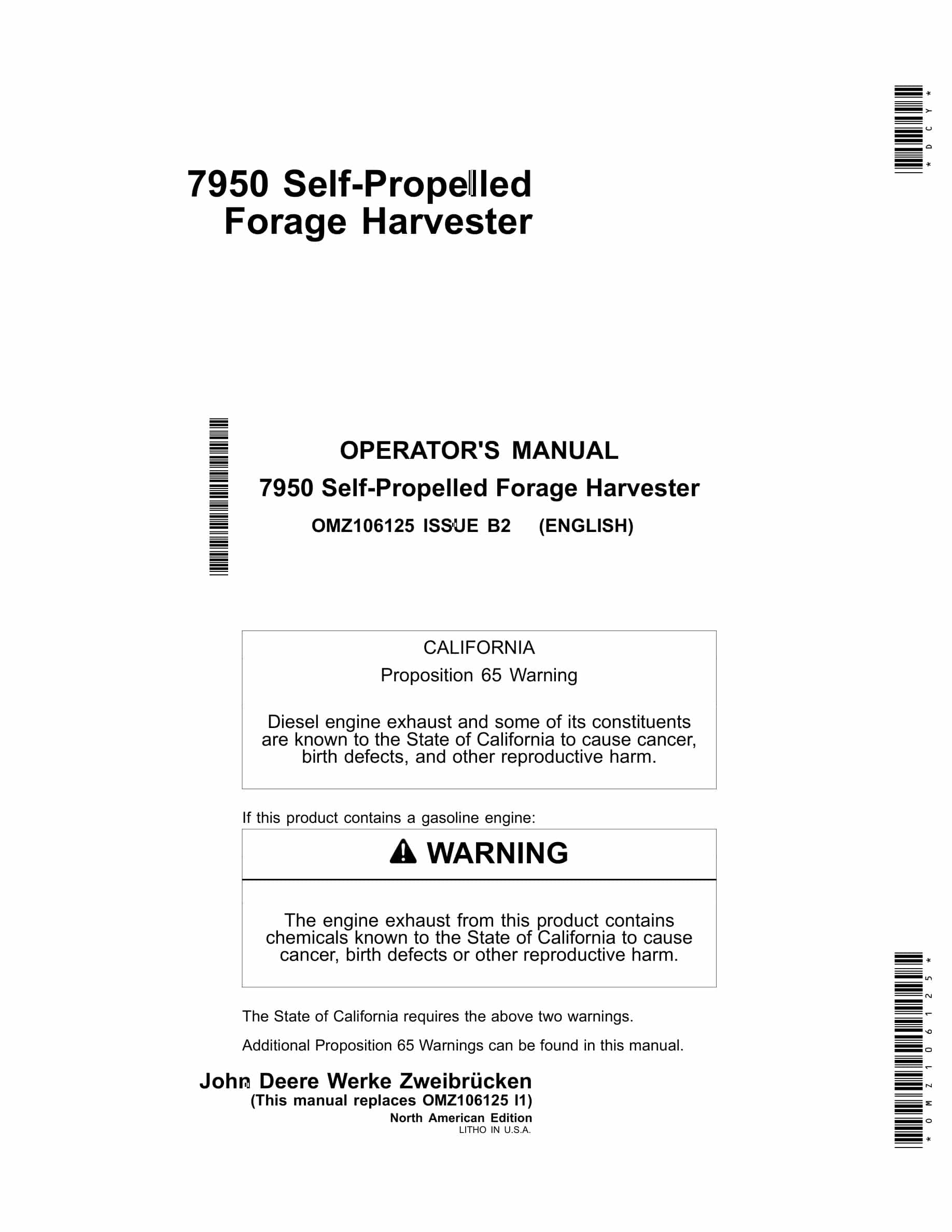 John Deere 7950 Self-Propelled Forage Harvester Operator Manual OMZ106125-1