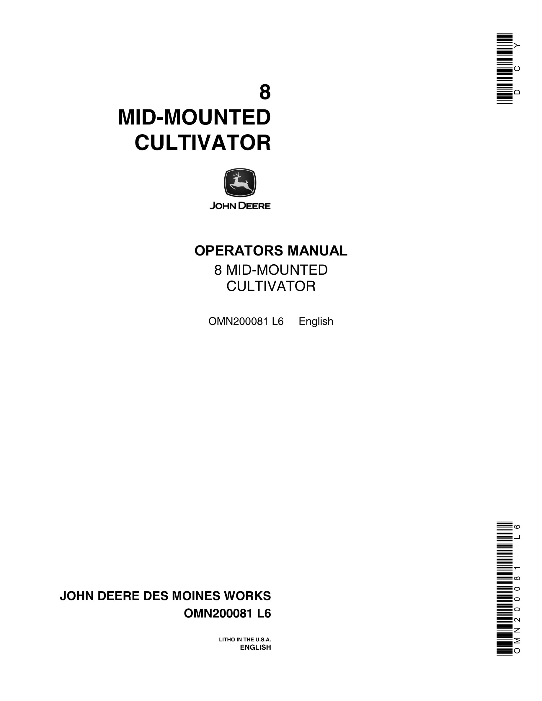 John Deere 8 MID-MOUNTED CULTIVATOR Operator Manual OMN200081-1